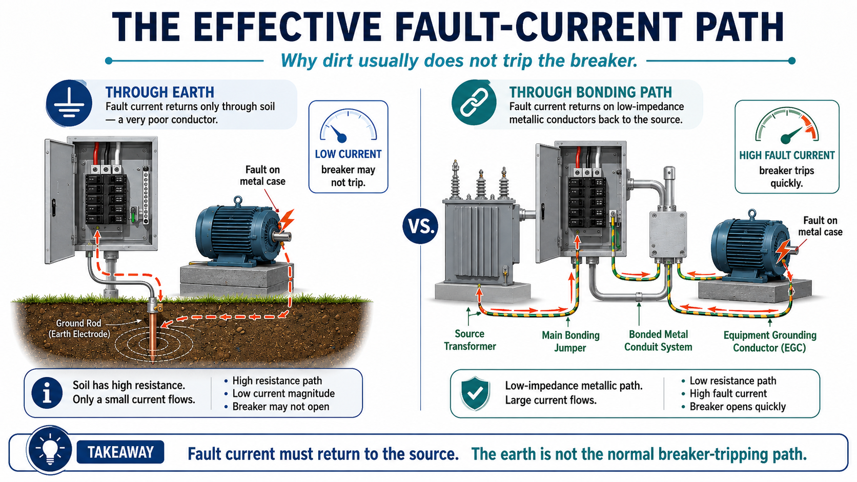 Infographic comparing a fault current path through earth versus a metallic bonding path returning to the source transformer, showing low current through soil and high fault current through equipment grounding conductors.