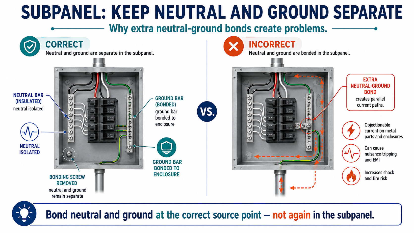 Correct and incorrect subpanel comparison showing isolated neutral bar and bonded ground bar on the correct side, and an improper neutral-ground bond causing parallel current paths on the incorrect side.