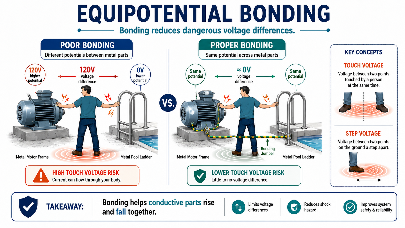 Infographic showing poor bonding versus proper equipotential bonding between a metal motor frame and pool ladder, with examples of touch voltage and step voltage.