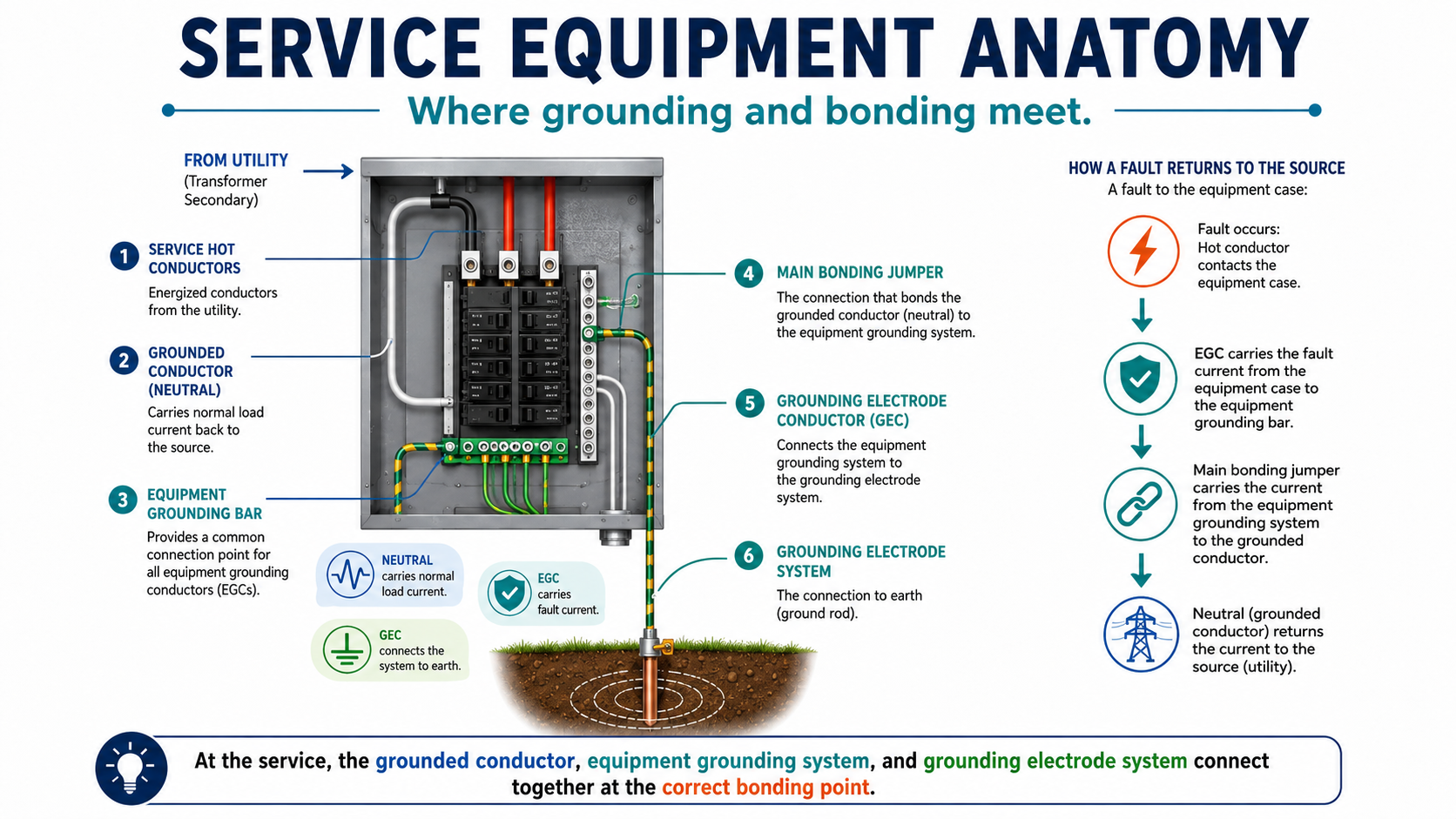 Diagram of main service equipment labeling service hot conductors, grounded neutral conductor, equipment grounding bar, main bonding jumper, grounding electrode conductor, and ground rod.