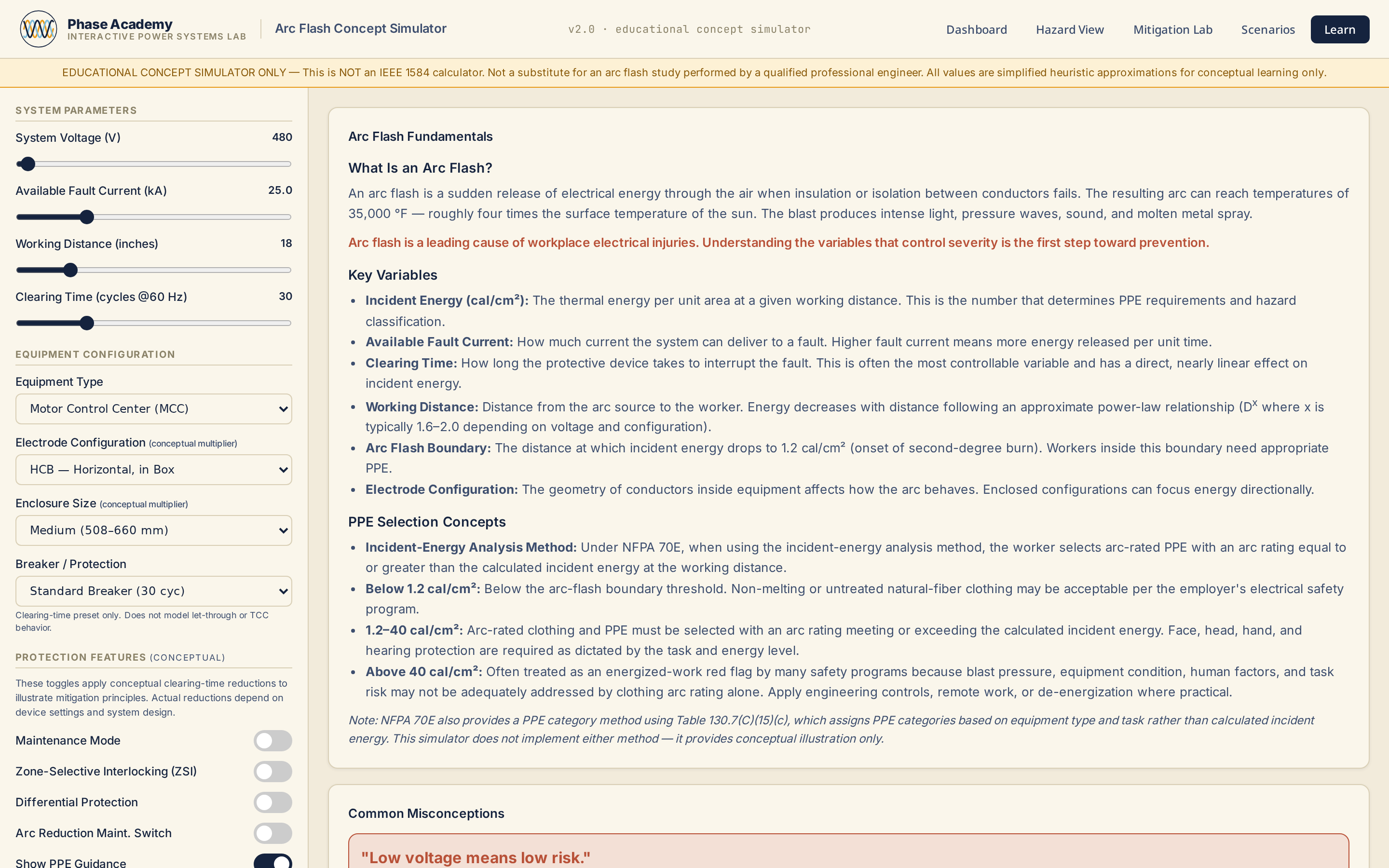 Learn tab with IEEE 1584 and NFPA 70E background
