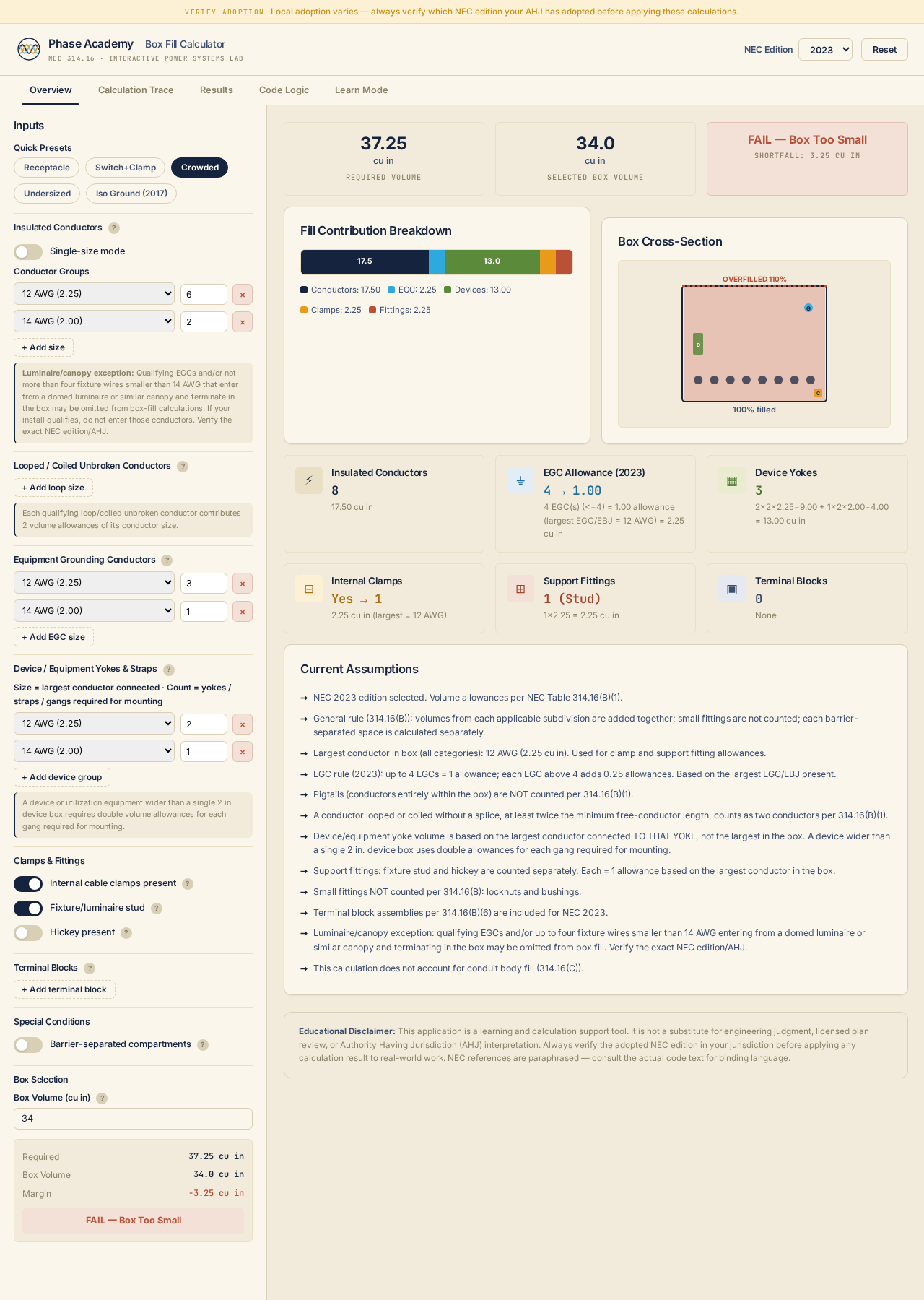Box Fill Calculator — Overview with Crowded preset