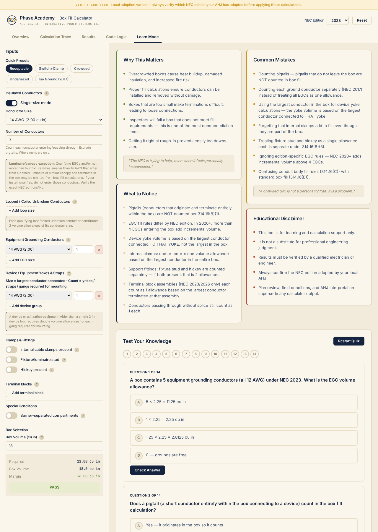 Box Fill Calculator — Learn Mode