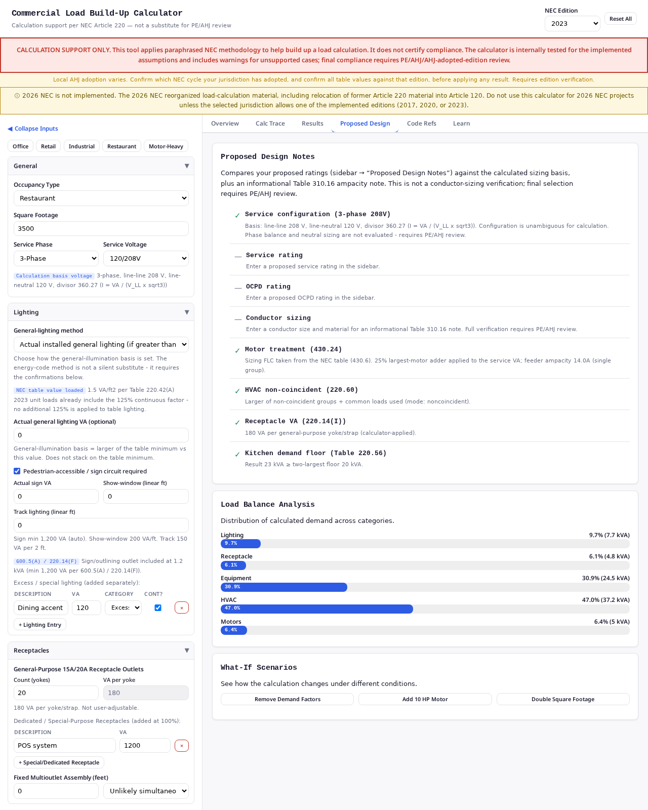 Commercial Load Build-Up — Proposed Design & What-If Scenarios