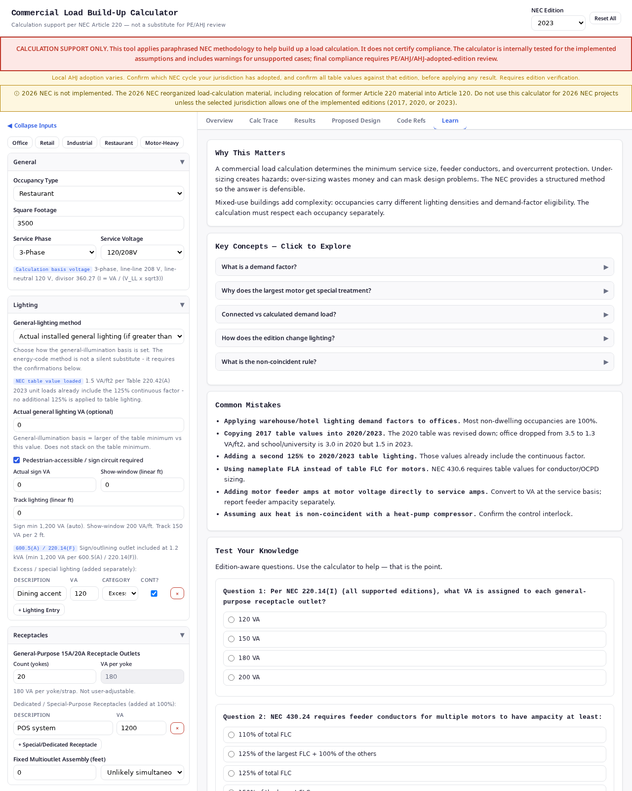 Commercial Load Build-Up — Learn Mode