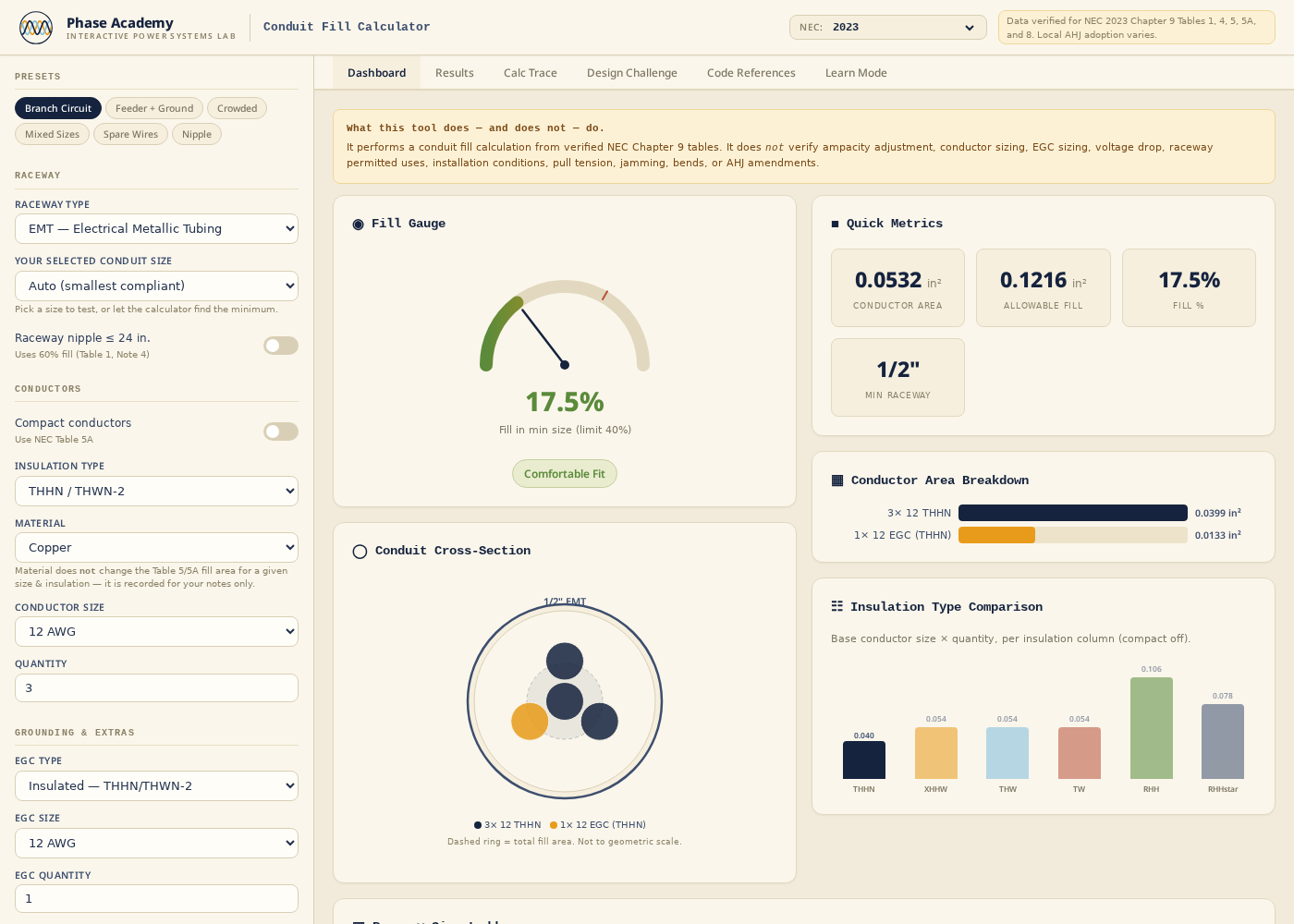 Conduit Fill Calculator — app preview