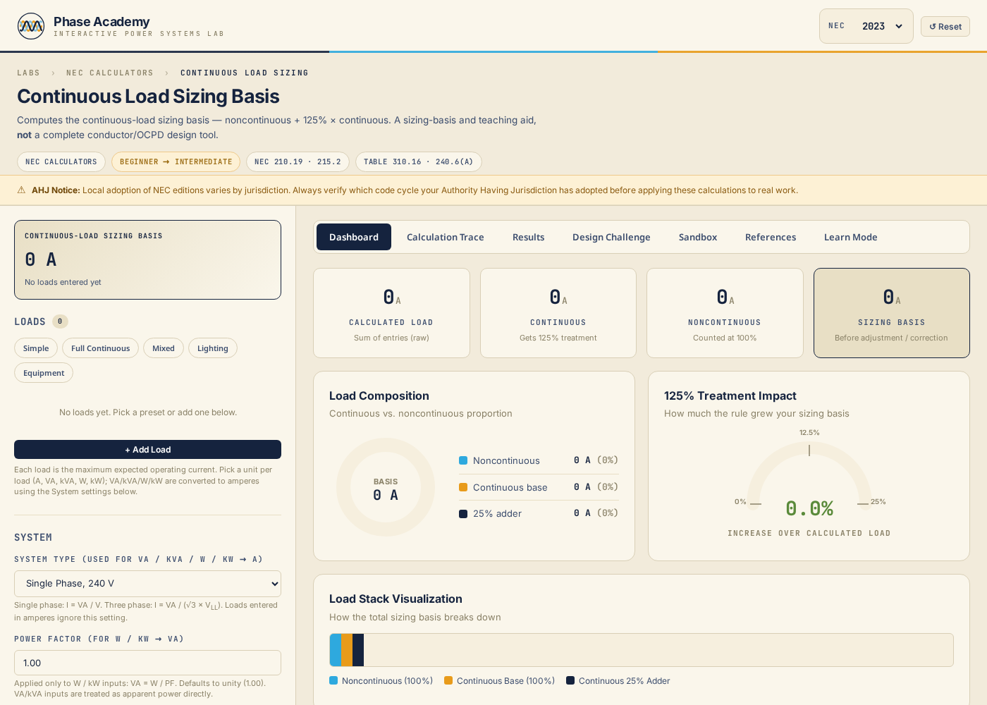 Continuous Load Sizing Basis Calculator — app preview