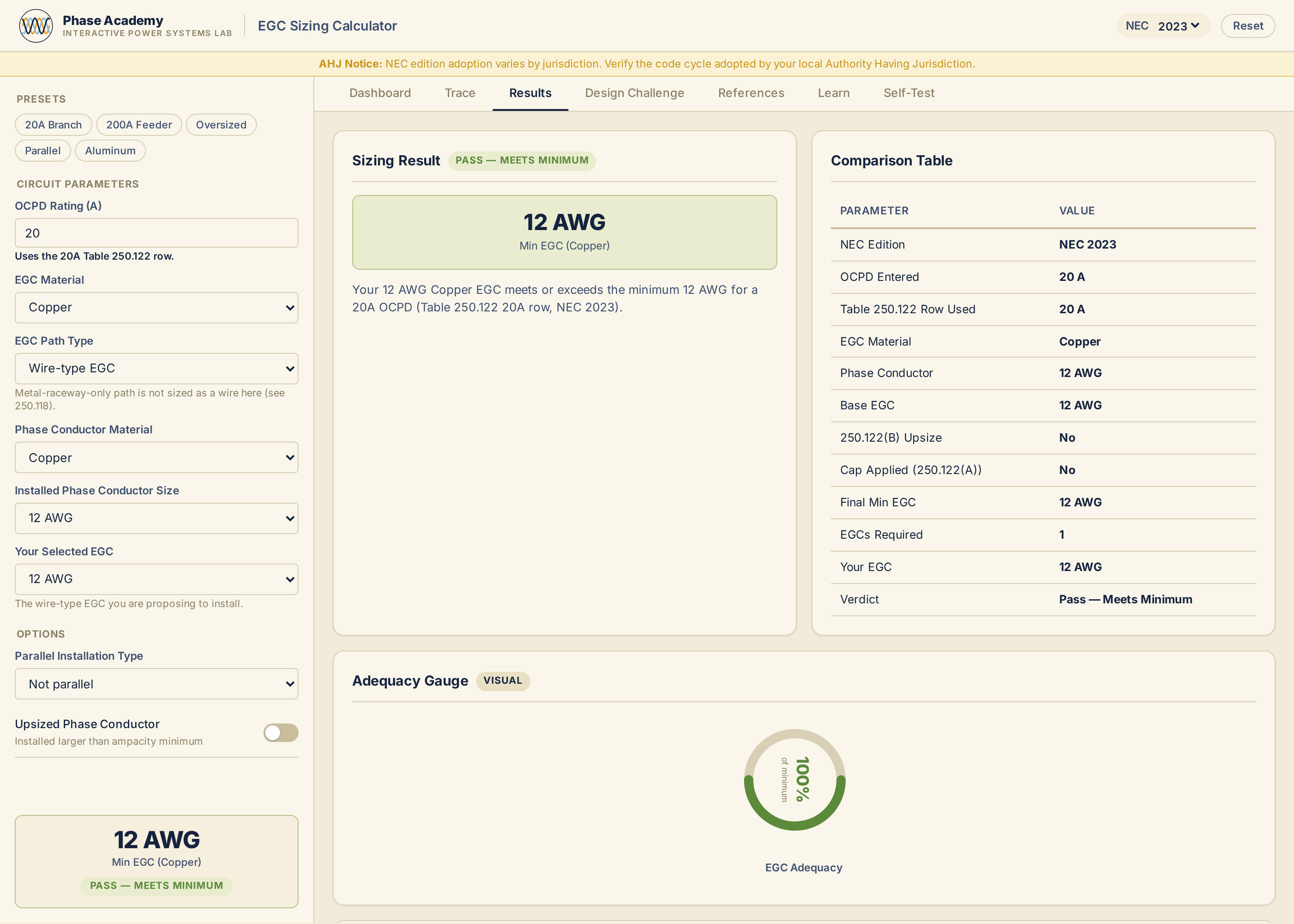 Equipment Grounding Conductor (EGC) Sizing Calculator — app preview