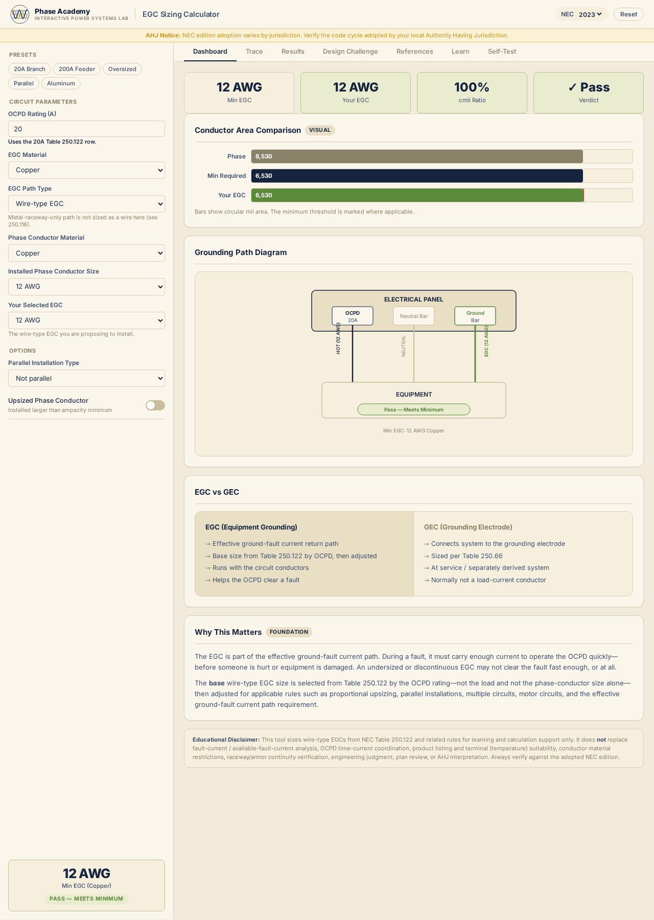 Dashboard with OCPD, phase conductor, and parallel feeder inputs