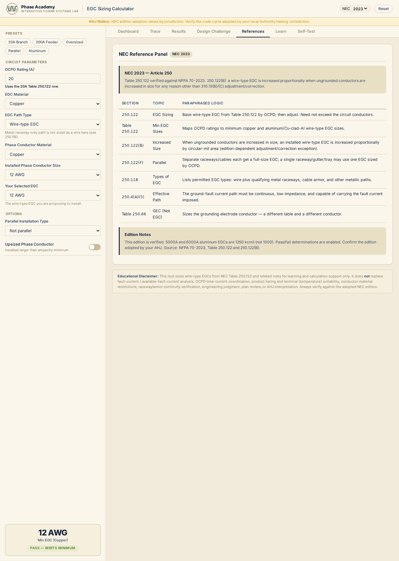 NEC code references for 250.122
