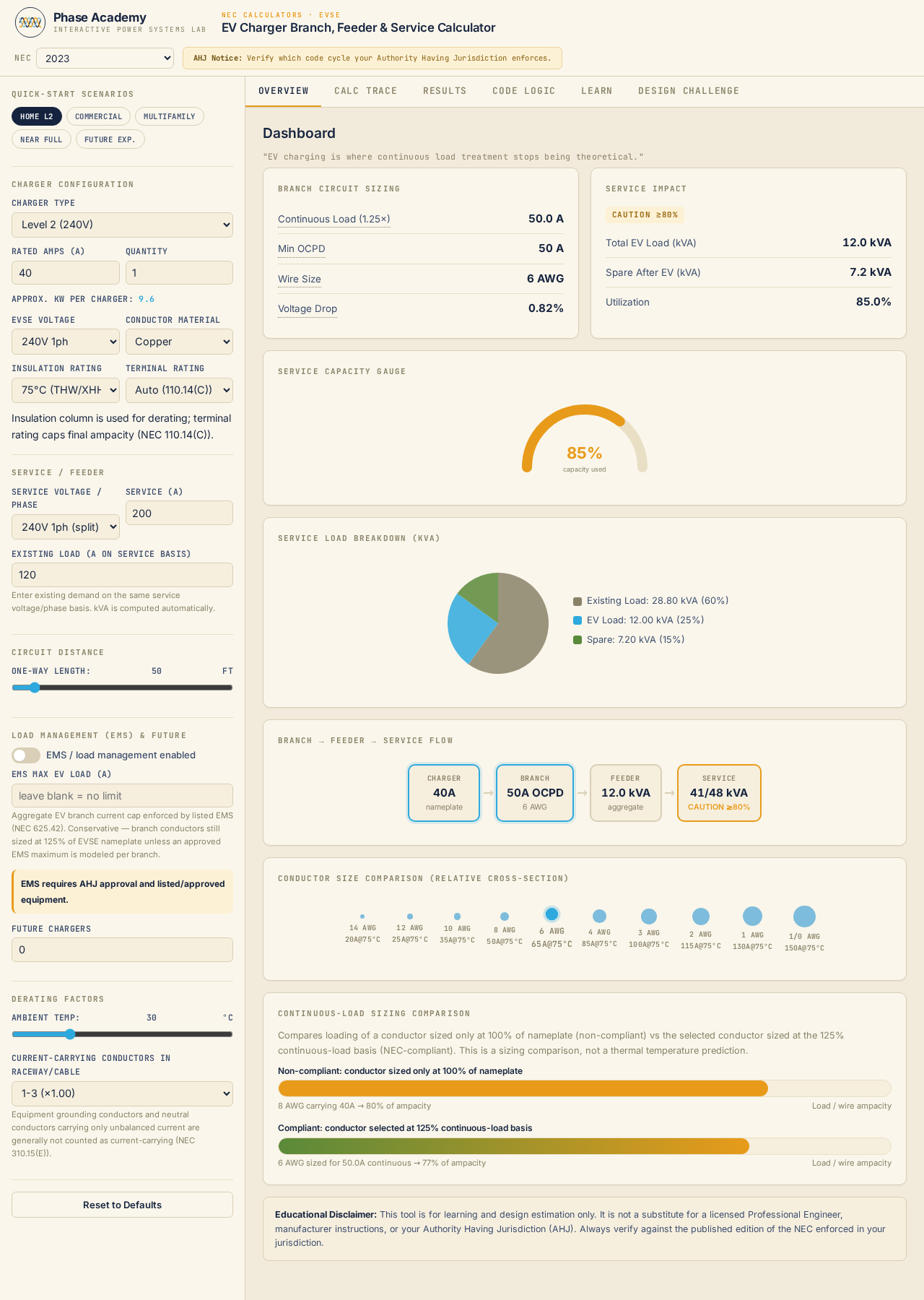 EV Charger Branch, Feeder & Service Calculator — app preview