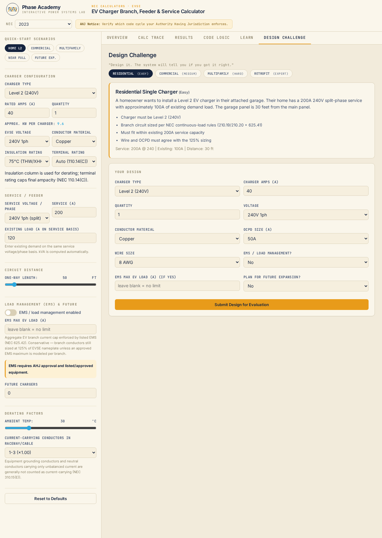 Design Challenge tab with graded EVSE sizing problems