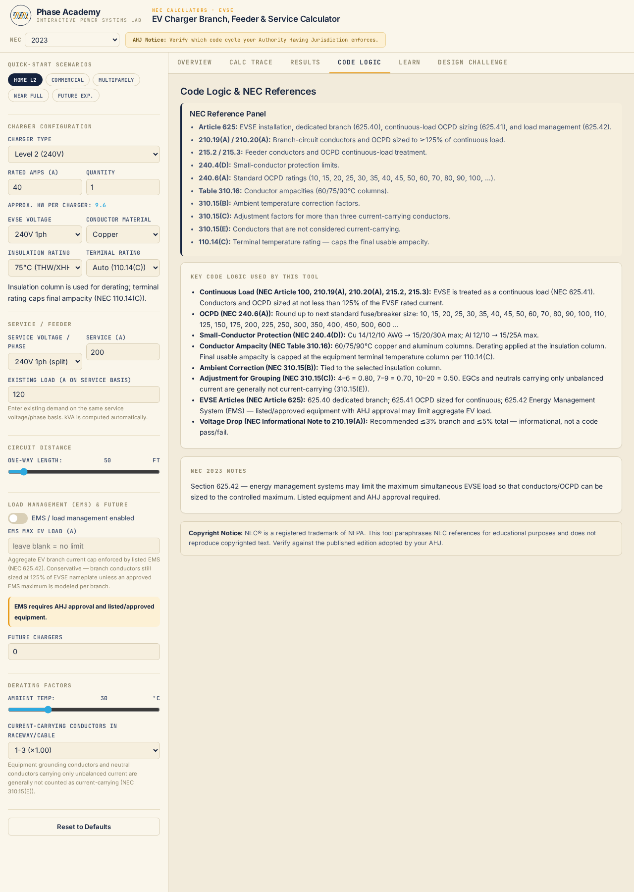 Code Logic tab with NEC 625, 220, and 310 reference panels