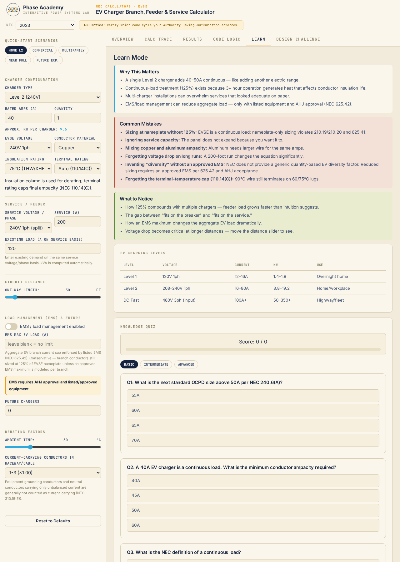 Learn tab with EVSE background and design guidance