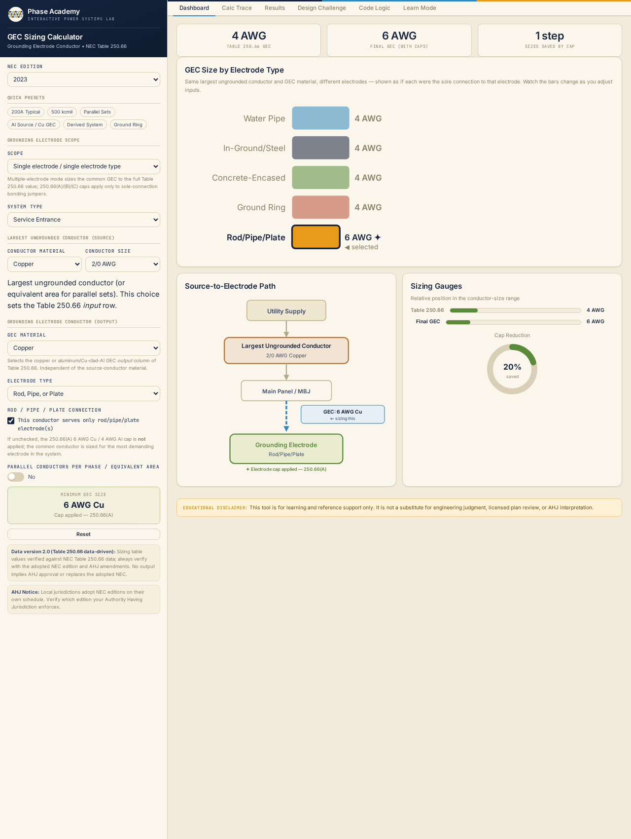 Grounding Electrode Conductor (GEC) Sizing Calculator — app preview