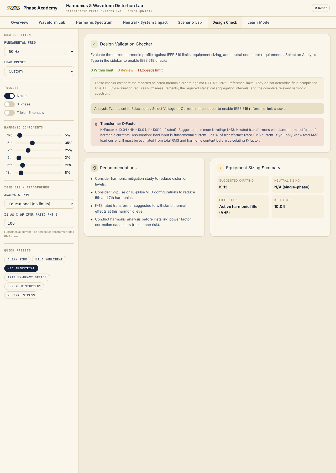 Design Check tab validating results against IEEE 519 distortion limits