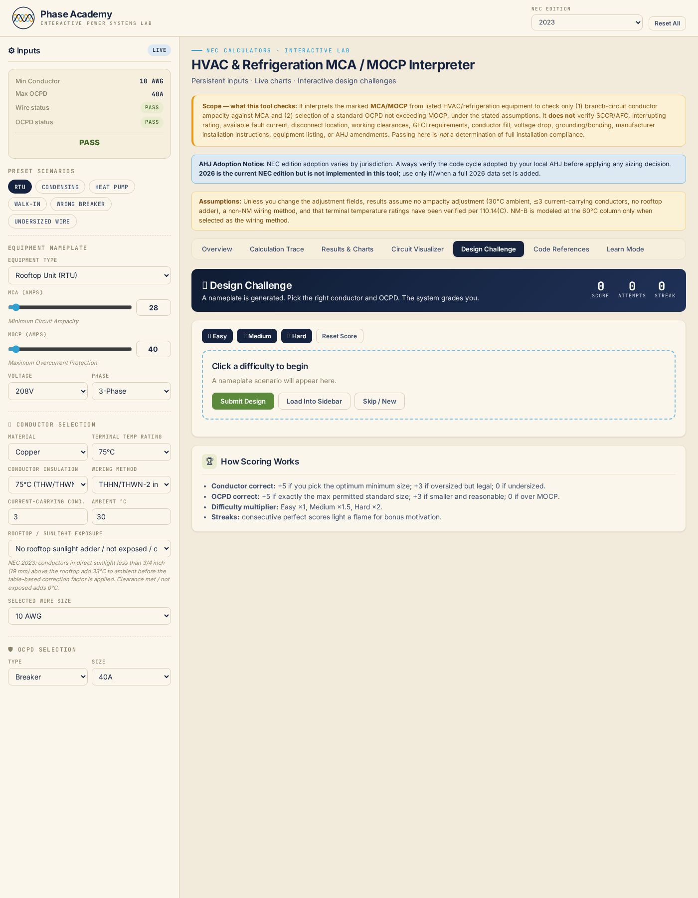 Design Challenge tab with scored nameplate scenarios