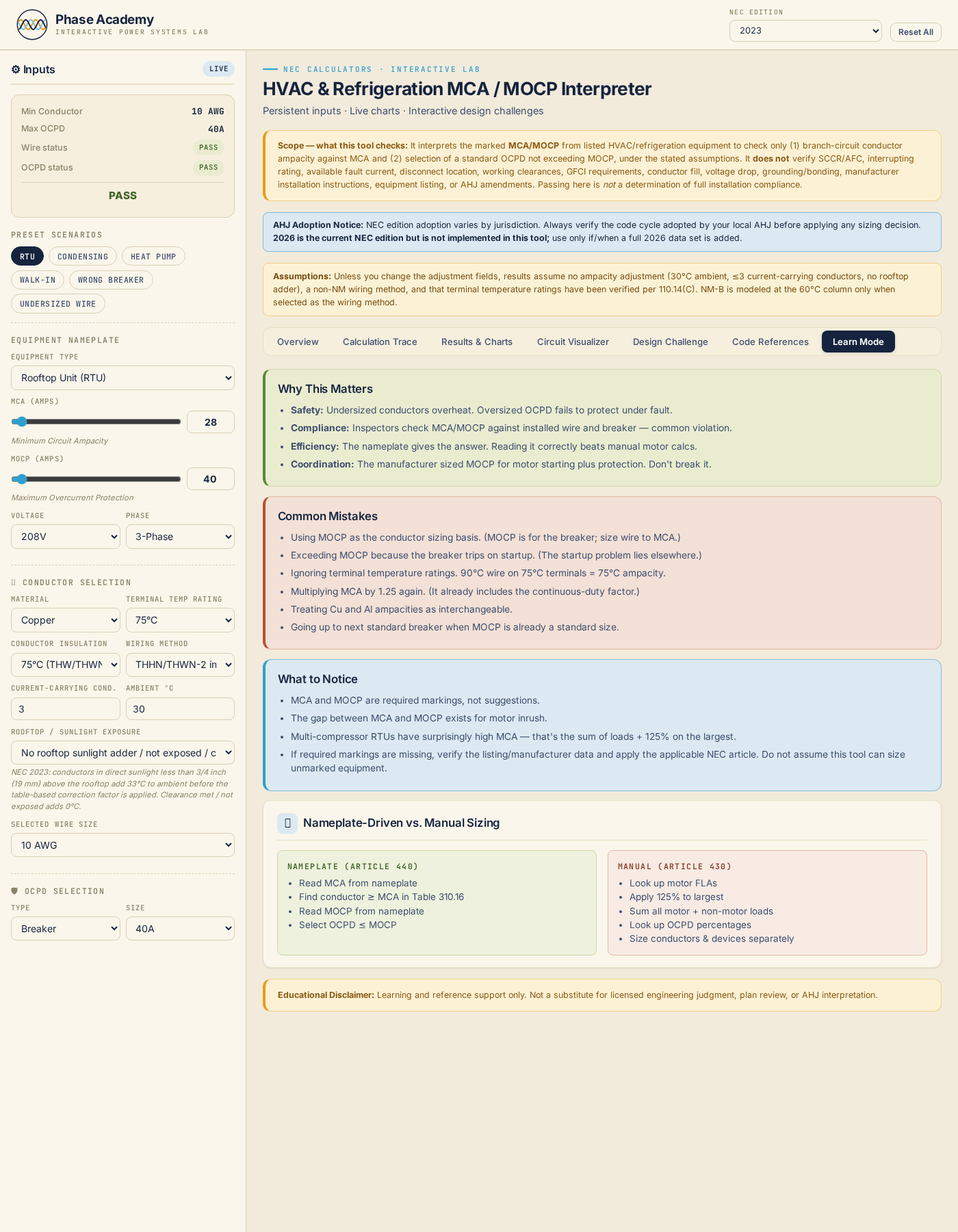 Learn tab comparing Article 440 nameplate-driven to Article 430 calculation-driven sizing