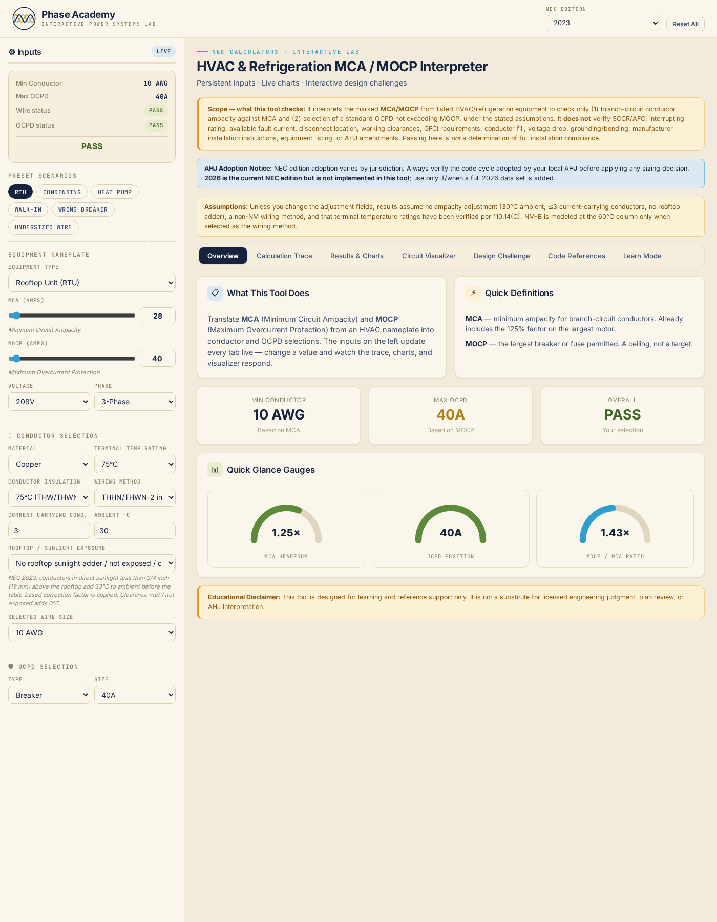 Overview tab with nameplate MCA/MOCP sliders and conductor/OCPD selectors