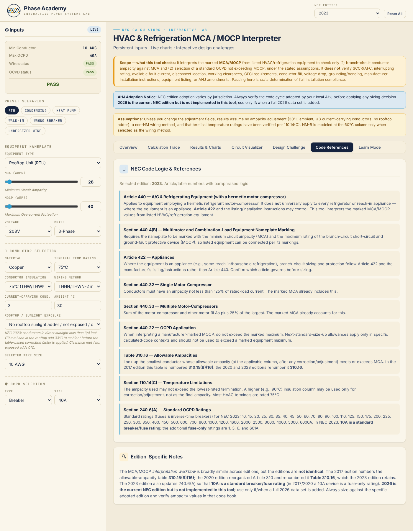 References tab with NEC Article 440 panels and 2017/2020 edition notes