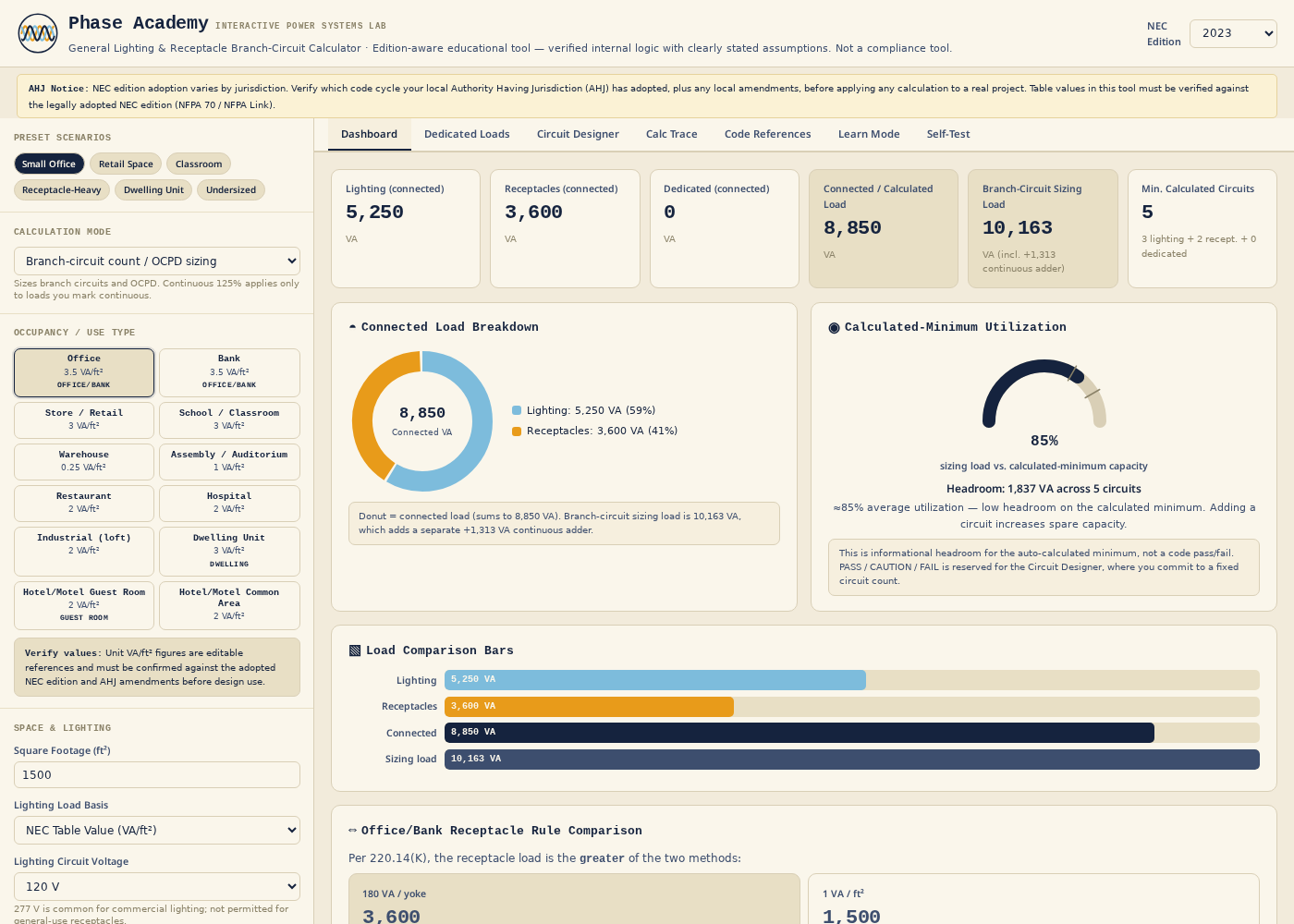 General Lighting & Receptacle Branch-Circuit Calculator — app preview