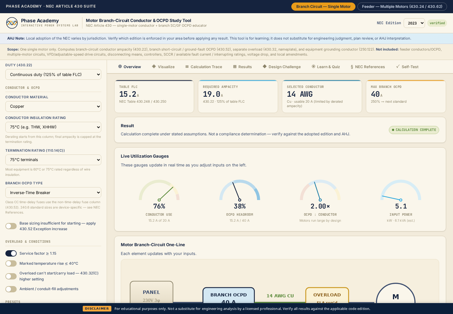 Motor Branch-Circuit Conductor & OCPD Study Tool — app preview