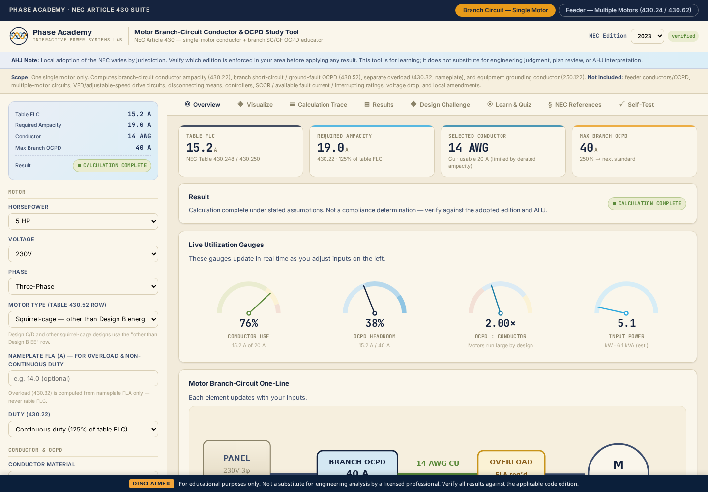Overview tab with motor inputs and summary results