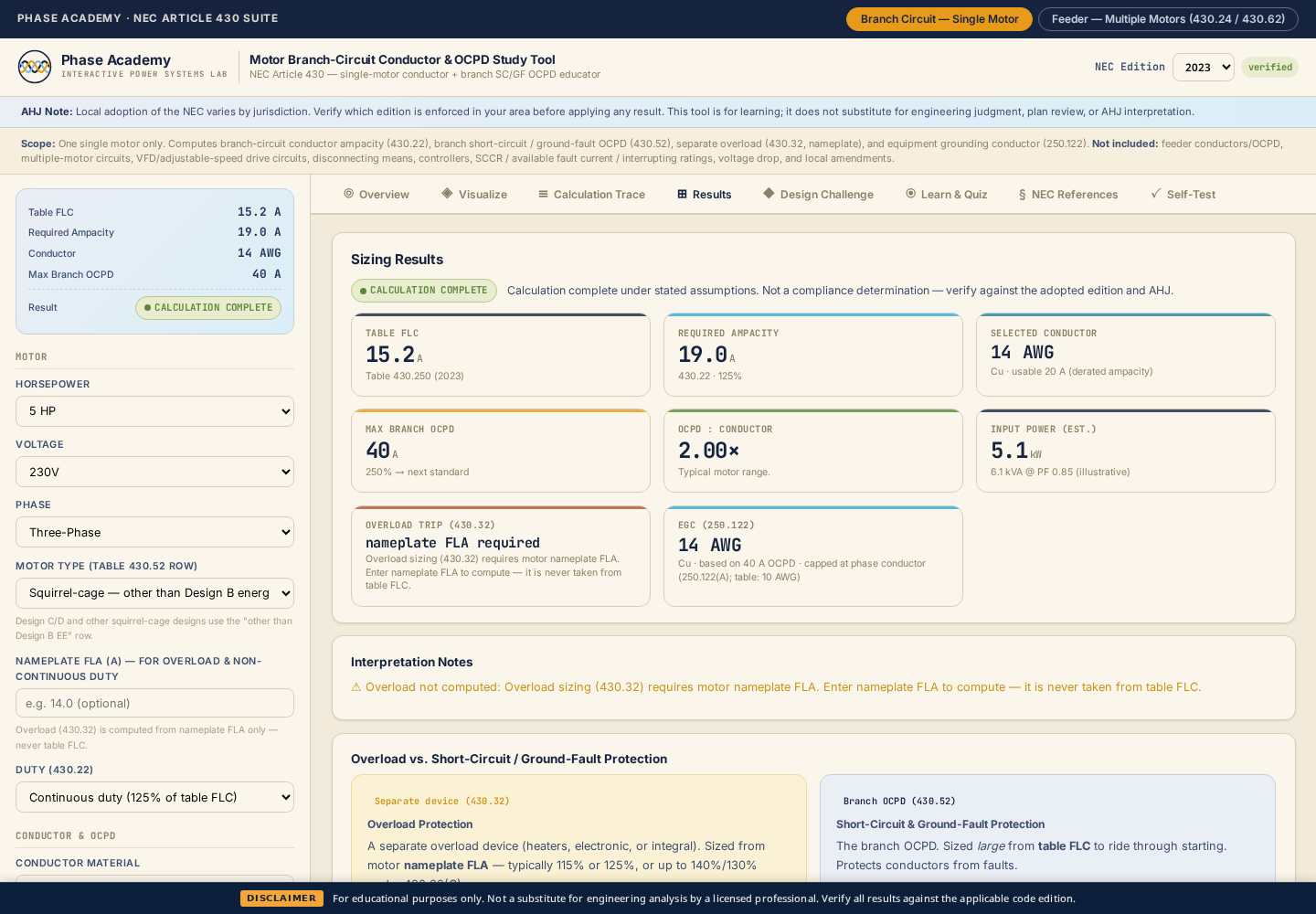 Results tab with overload and SC/GF protection separated