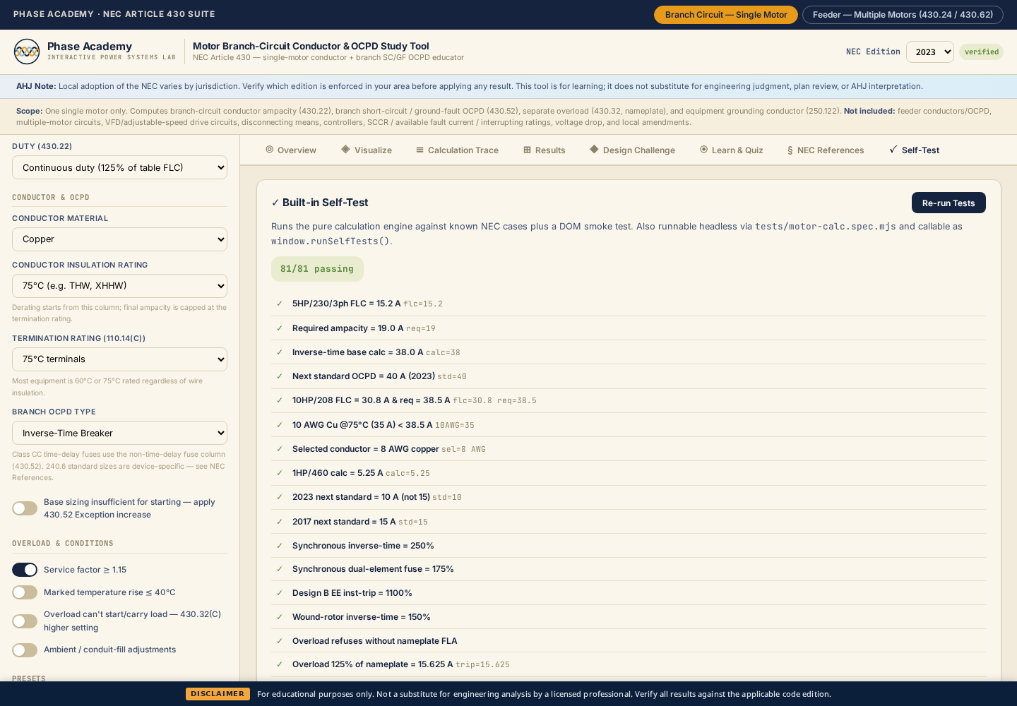 Self-Test tab with deterministic NEC table assertions