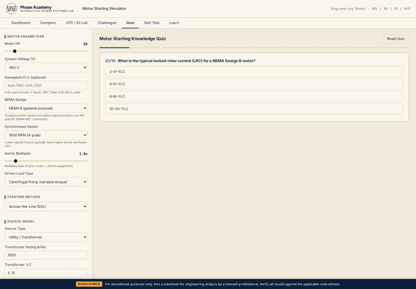Quiz tab with conceptual questions on motor starting