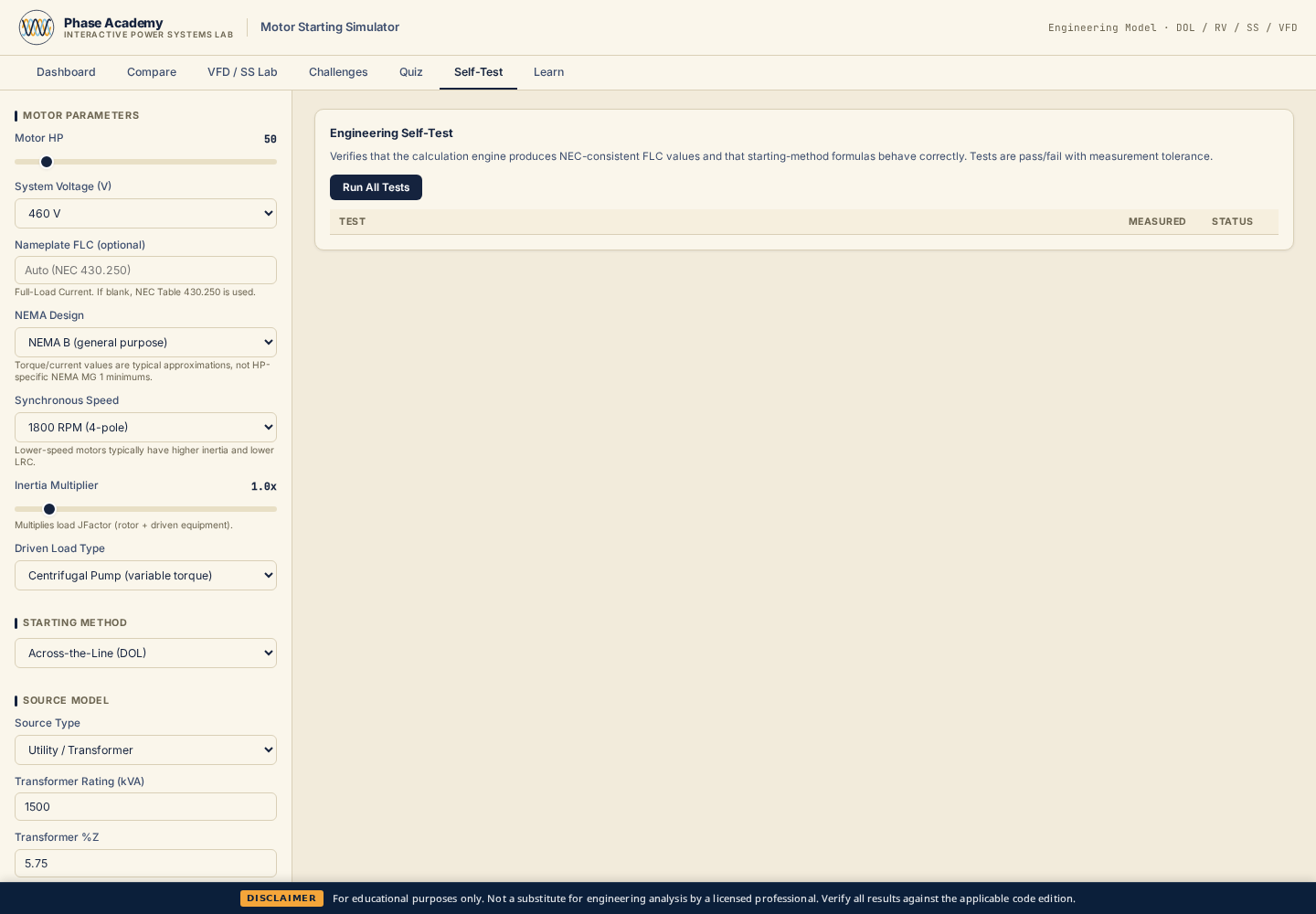 Self-Test tab simulating motor starting acceptance test observations