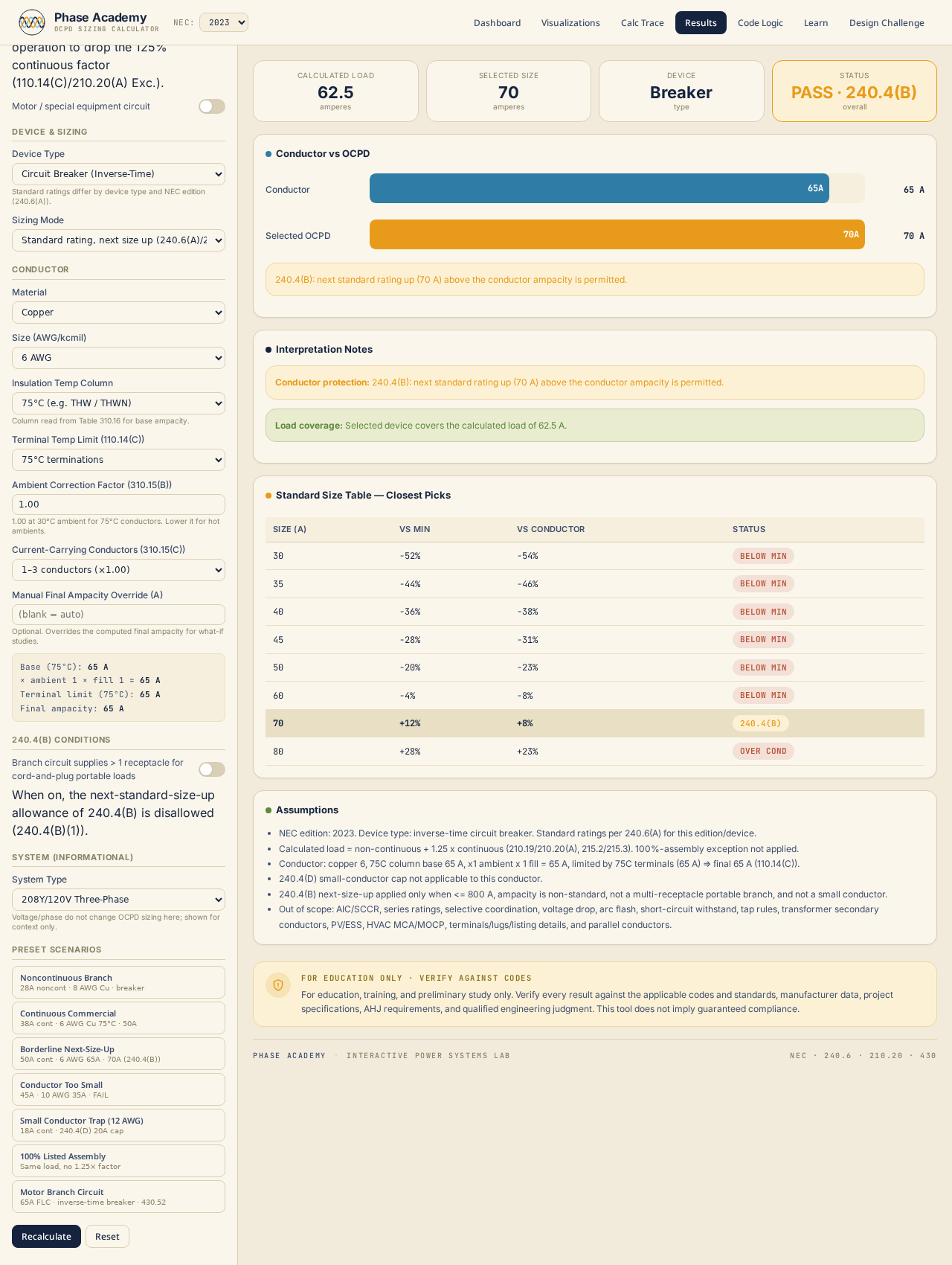 OCPD Sizing Calculator — app preview