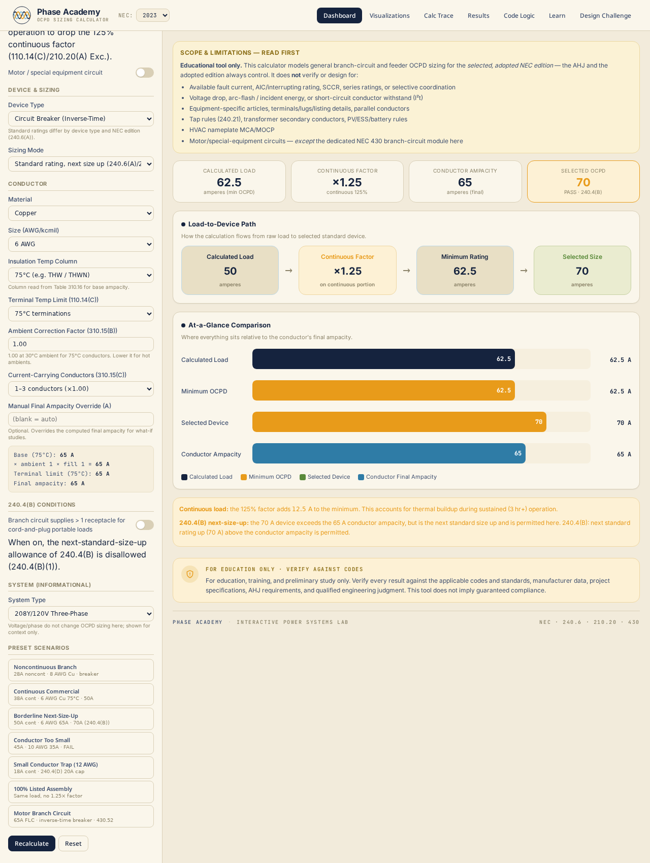 Dashboard with load, OCPD type, and conductor inputs