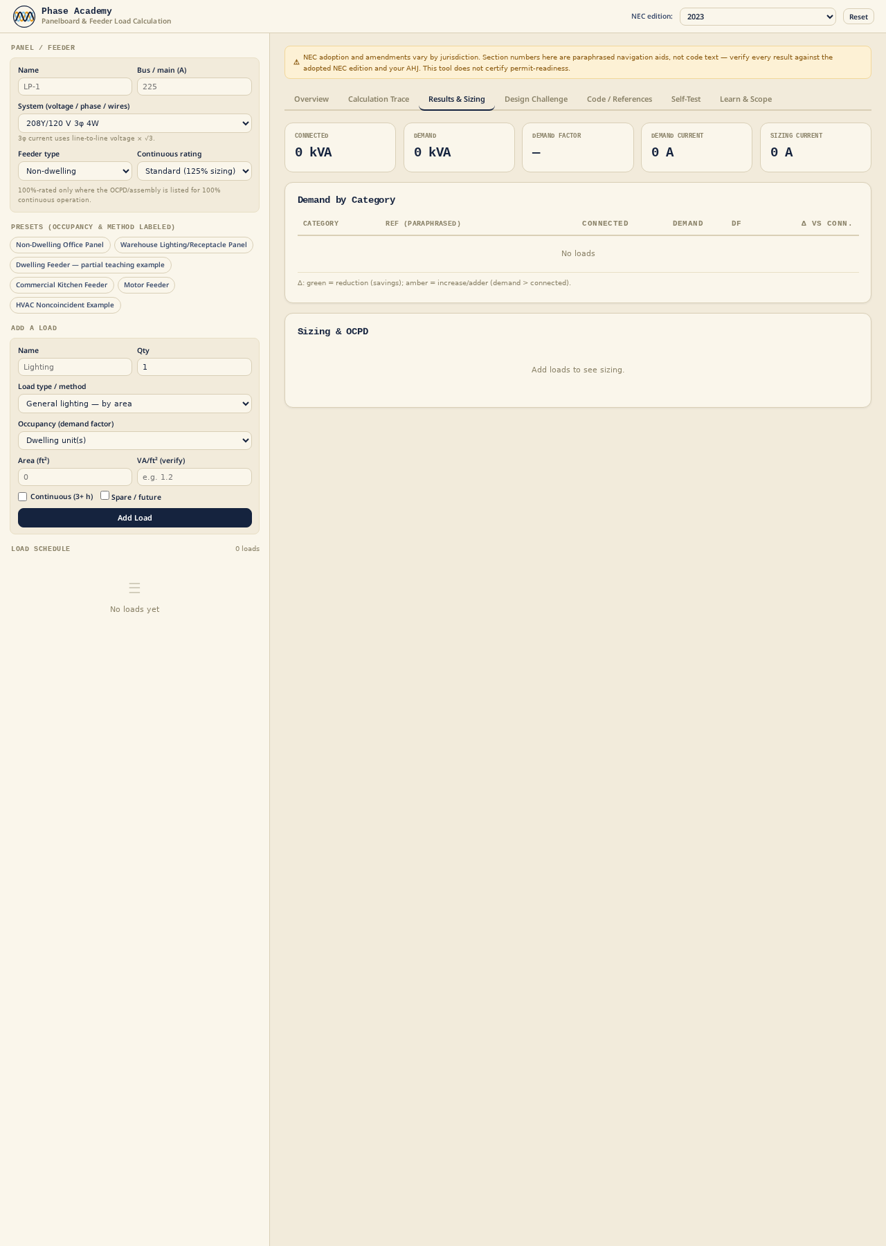 Panelboard & Feeder Load Calculation — app preview