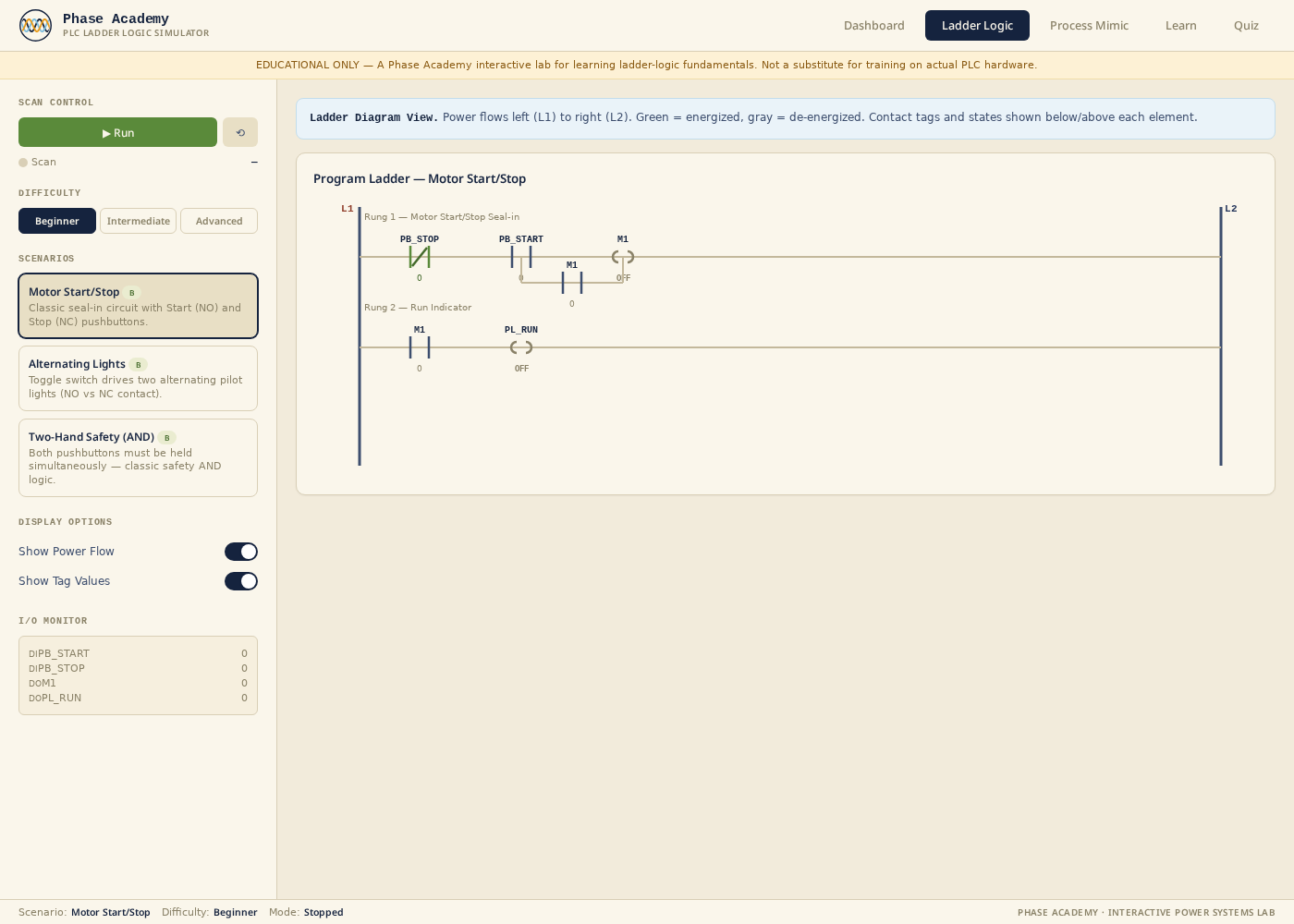 Ladder Logic tab showing live rung diagram with energized contacts highlighted