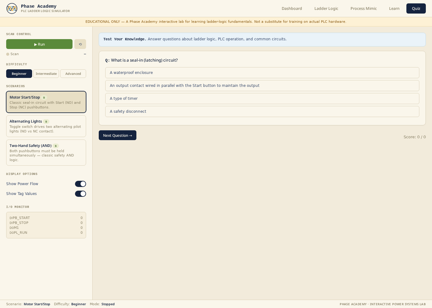 Quiz tab with multiple-choice questions on ladder logic and scan cycle