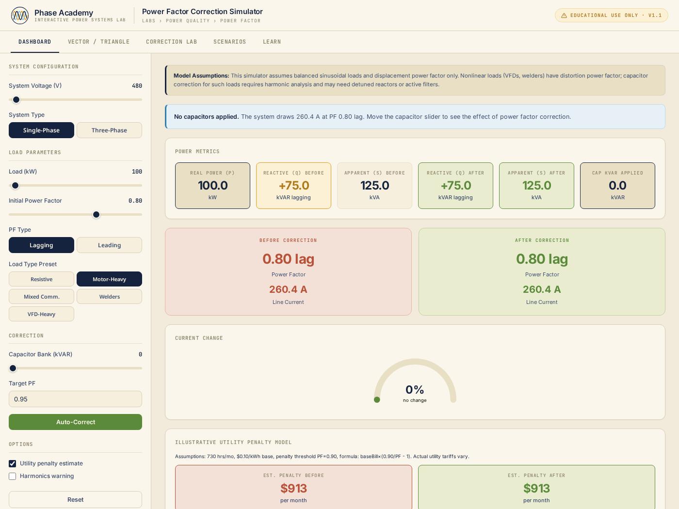 Power Factor Correction Simulator — app preview