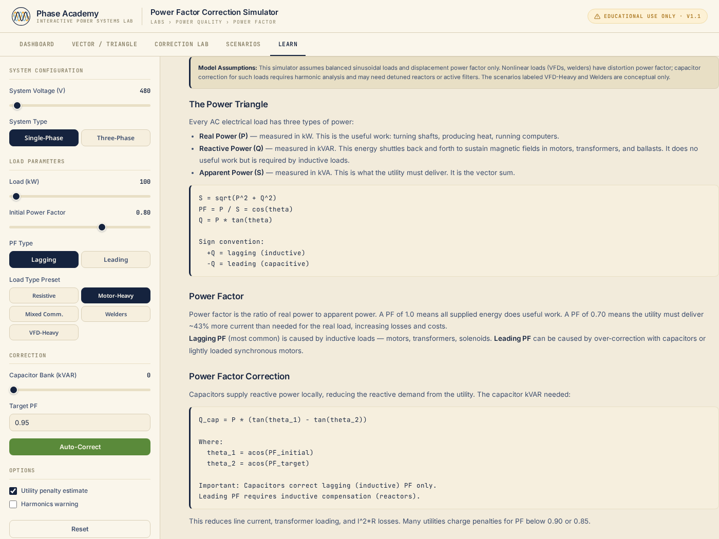 Learn tab explaining PF fundamentals, correction, and harmonics caveats