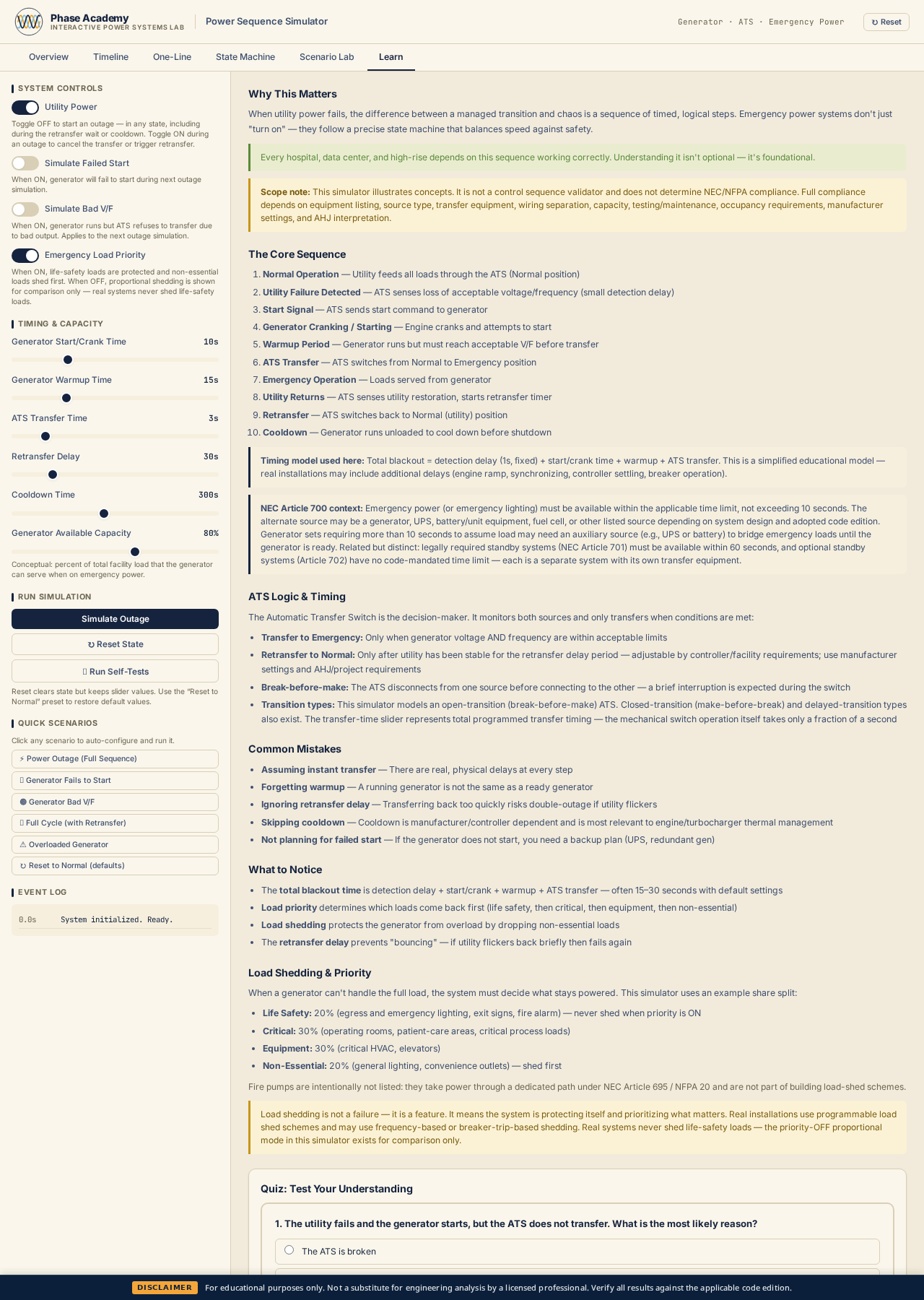Learn tab with generator/ATS theory and NEC 700 / NFPA 110 references