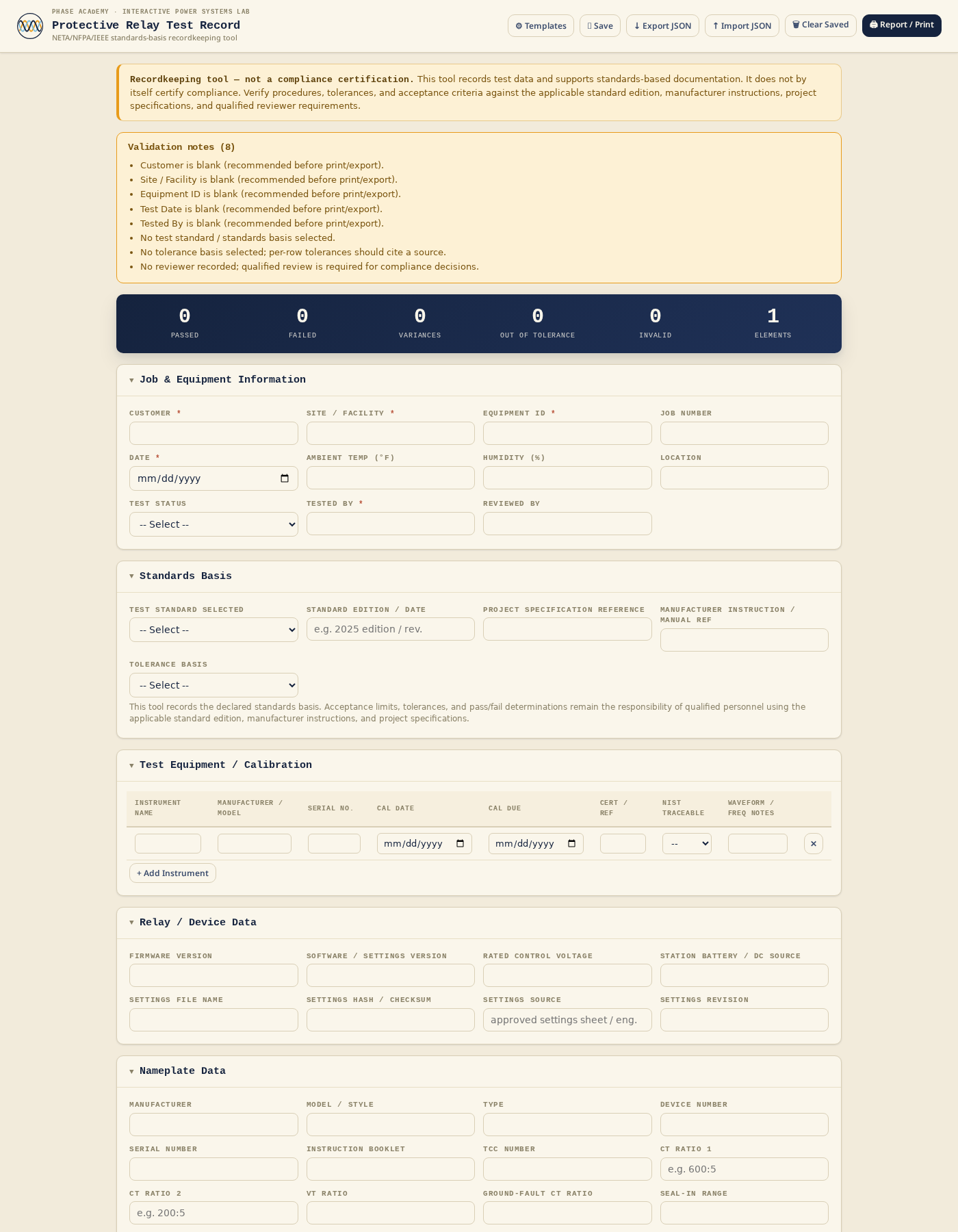 Protective Relay Test Record — app preview