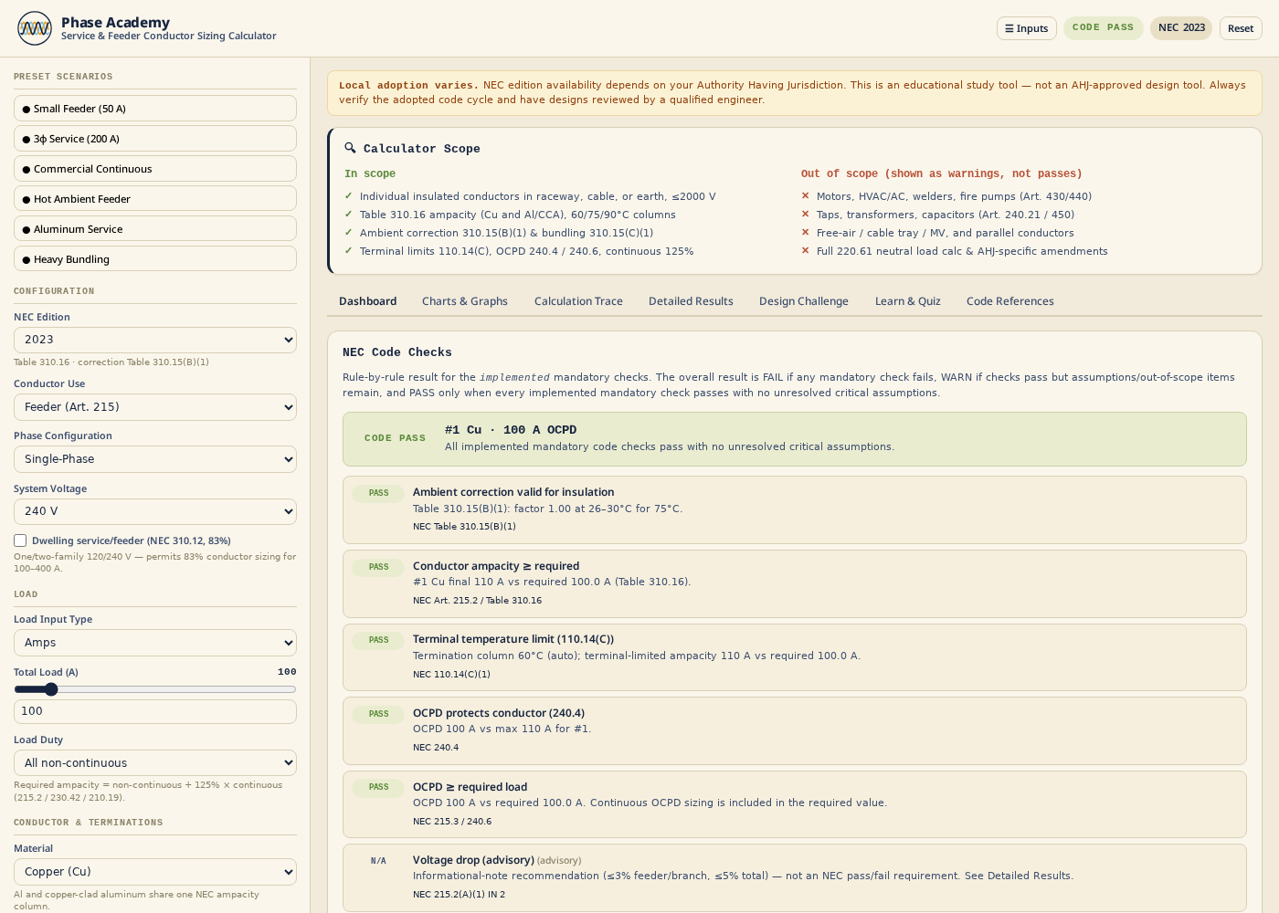 Dashboard with rule-by-rule NEC code checks