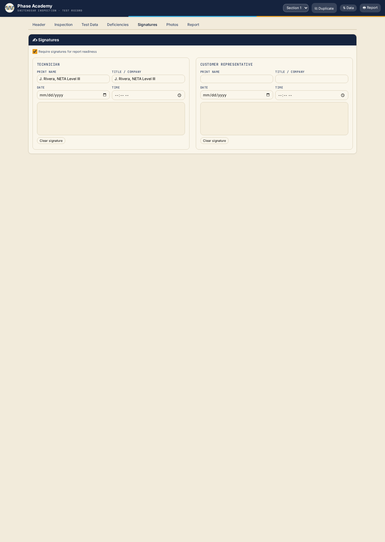 Signatures tab