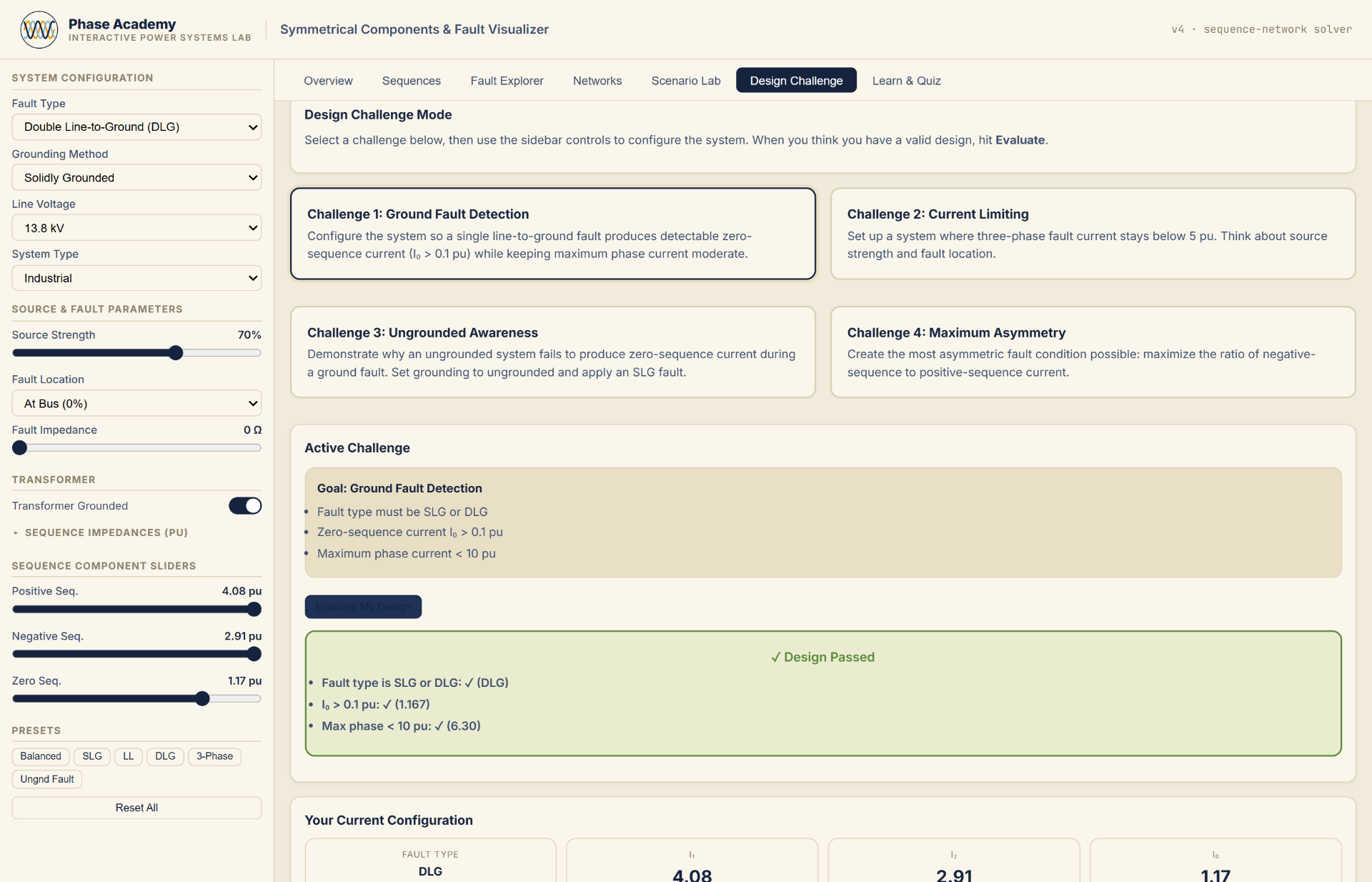 Design Challenge tab with auto-graded engineering scenarios