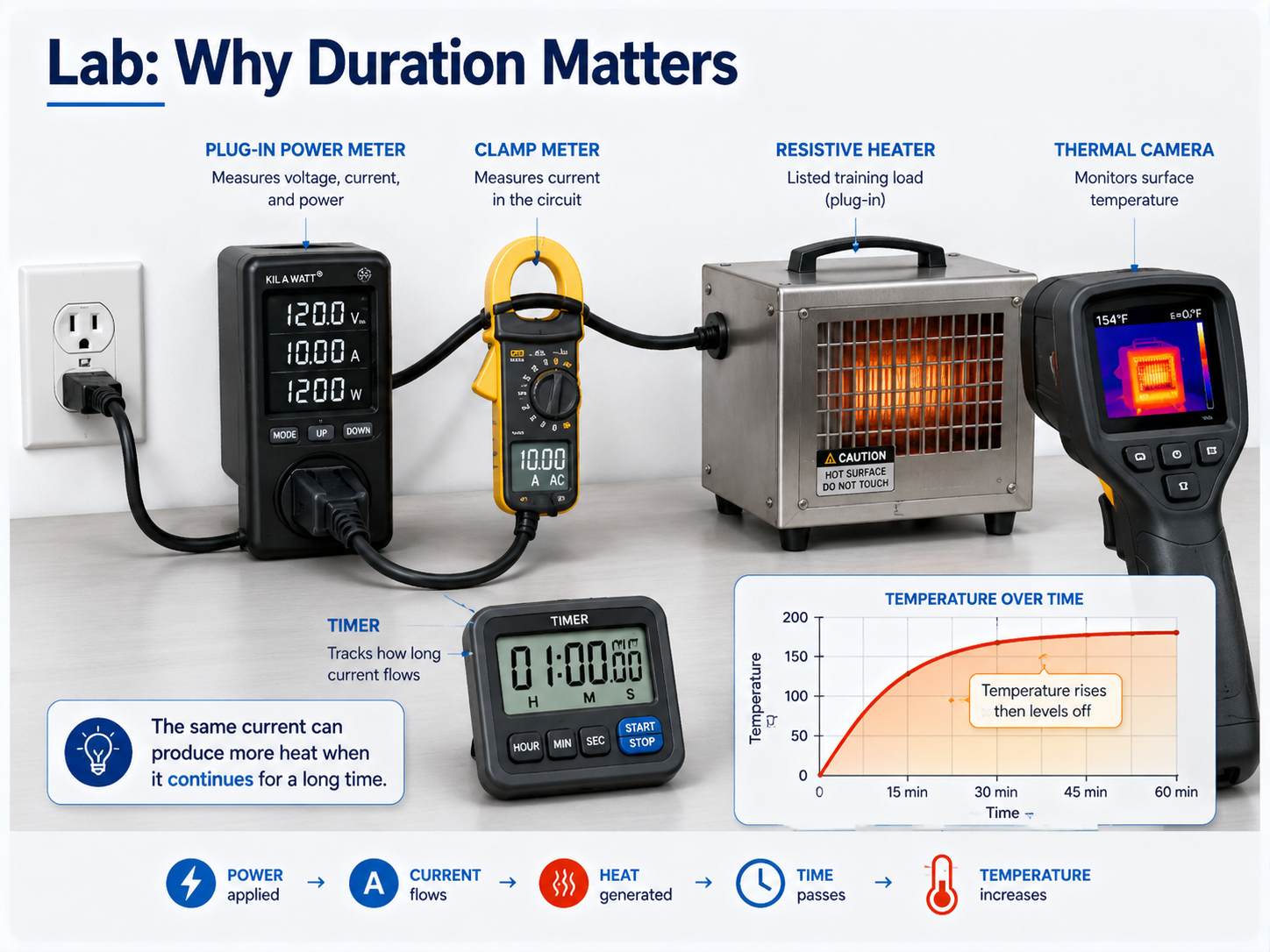 Educational lab setup showing a plug-in power meter, clamp meter, resistive heater, thermal camera, timer, and a temperature-over-time graph.