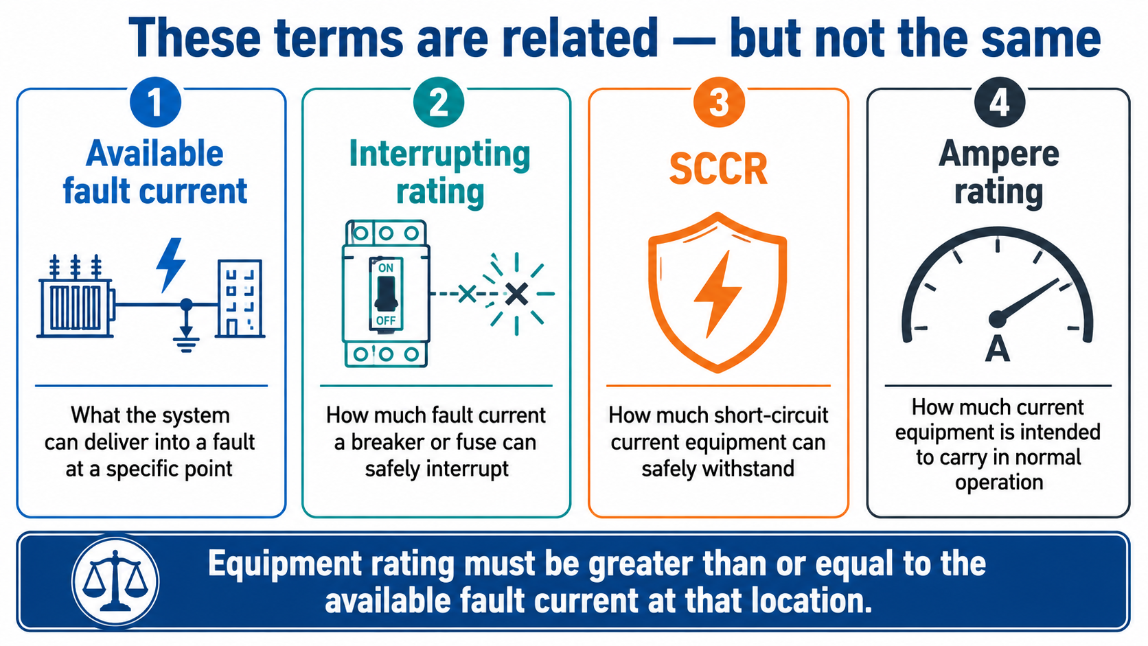 Infographic defining available fault current, interrupting rating, SCCR, and ampere rating as related but different terms.