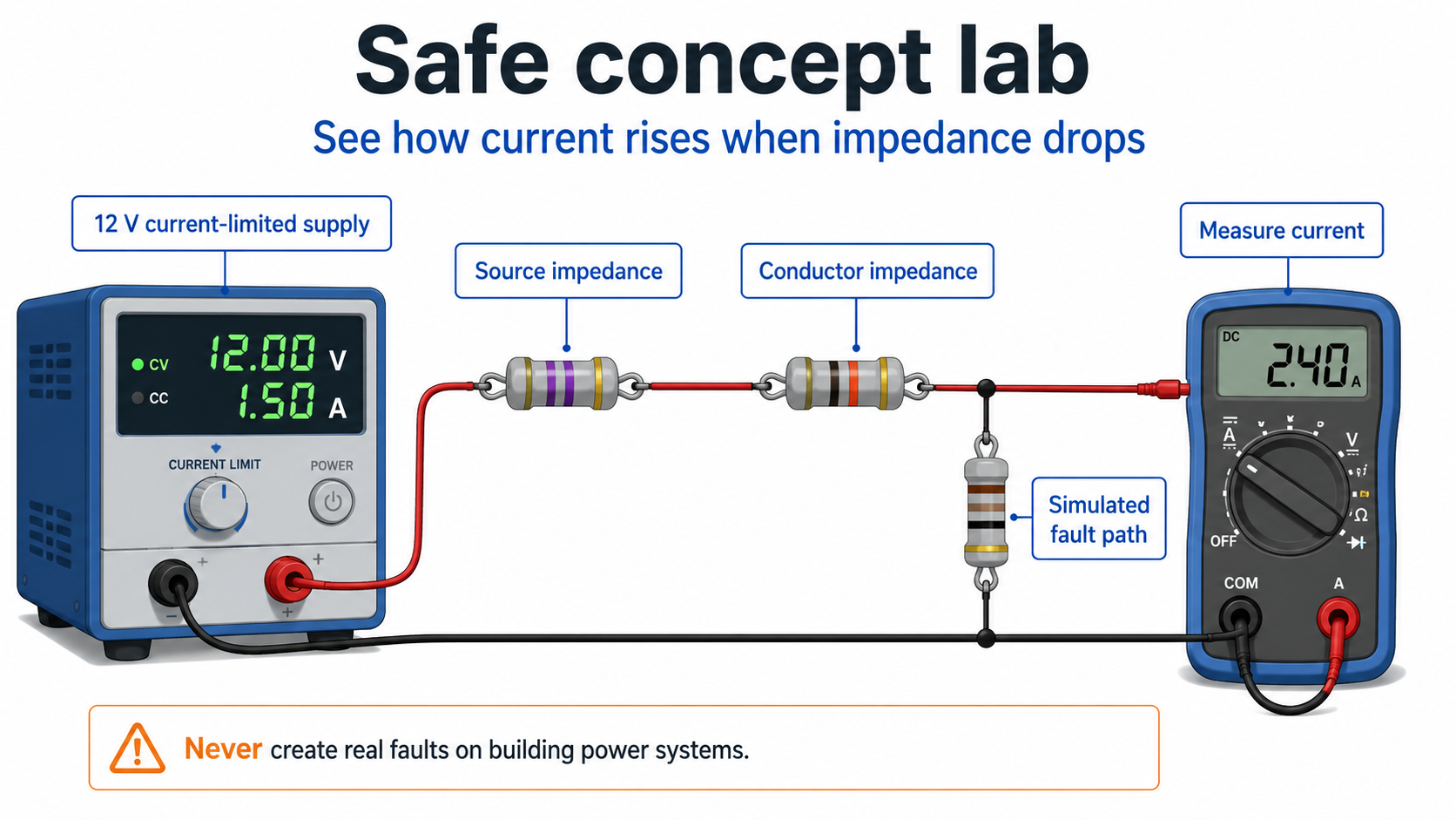 Low-voltage bench power supply, resistors, simulated fault path, and multimeter demonstrating how current changes with impedance.