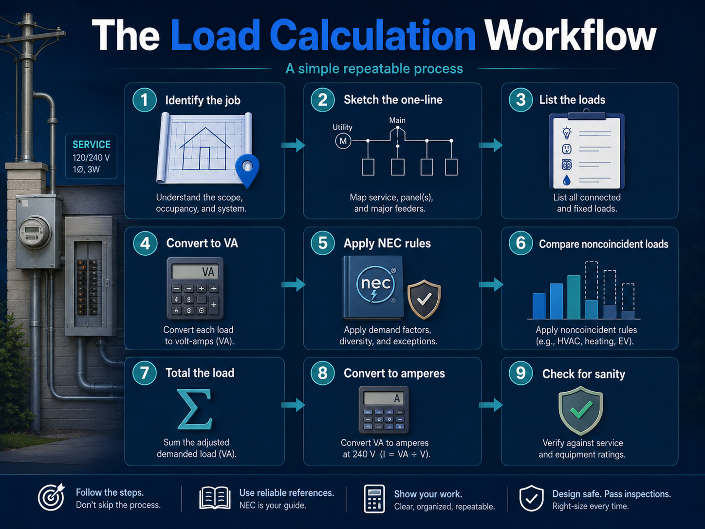 Flowchart showing nine steps for a service load calculation: identify the job, sketch the one-line, list loads, convert to VA, apply NEC rules, compare noncoincident loads, total the load, convert to amperes, and check the answer.