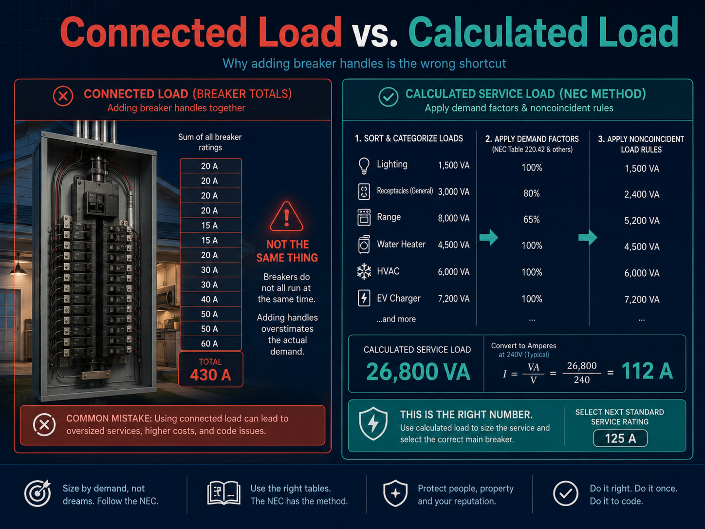 Side-by-side infographic comparing the incorrect method of adding breaker handles with the correct NEC calculated service load method using load categories, demand factors, and noncoincident load rules.