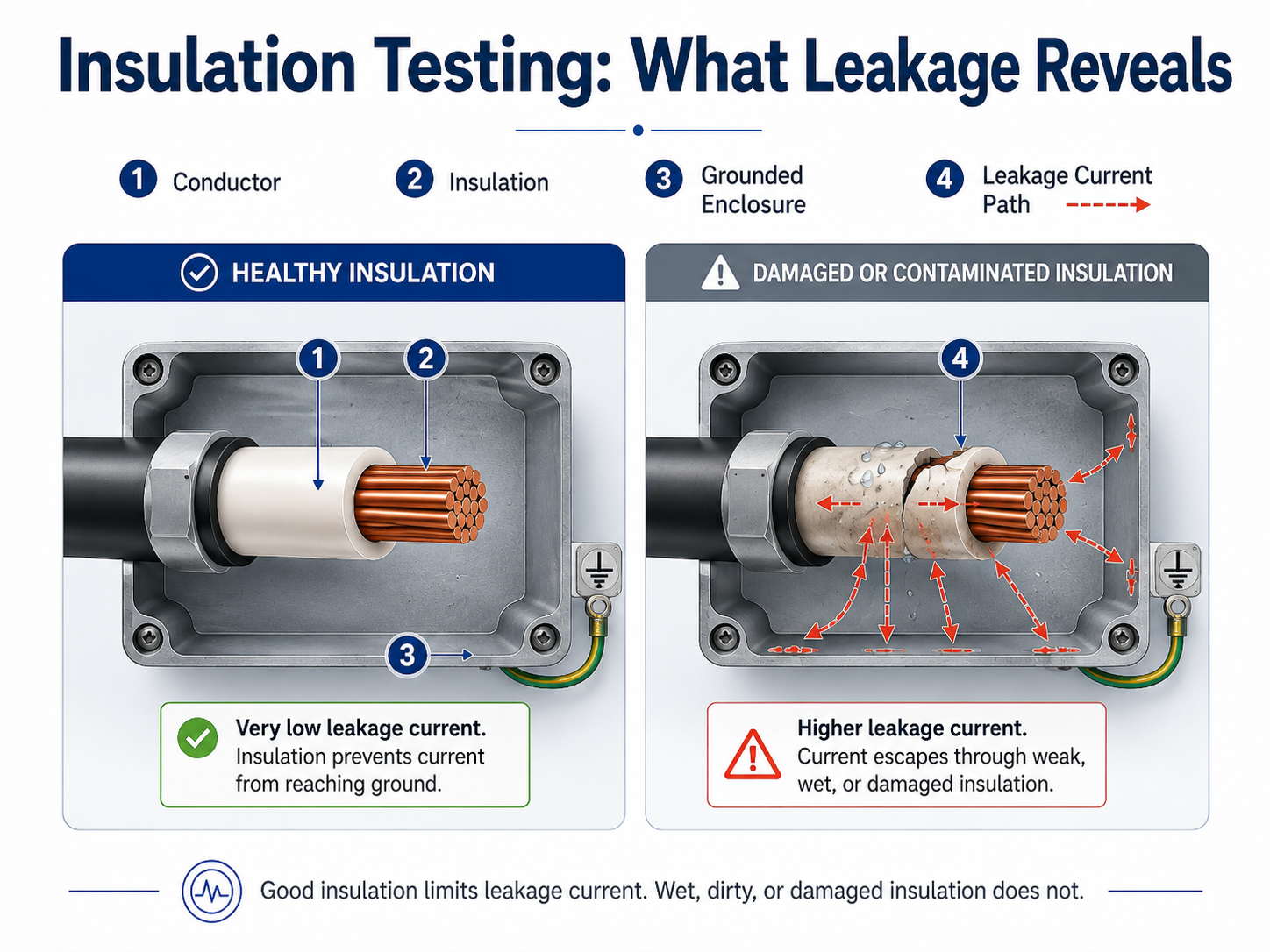 Side-by-side diagram comparing healthy insulation with damaged or contaminated insulation and showing leakage current paths to a grounded enclosure.
