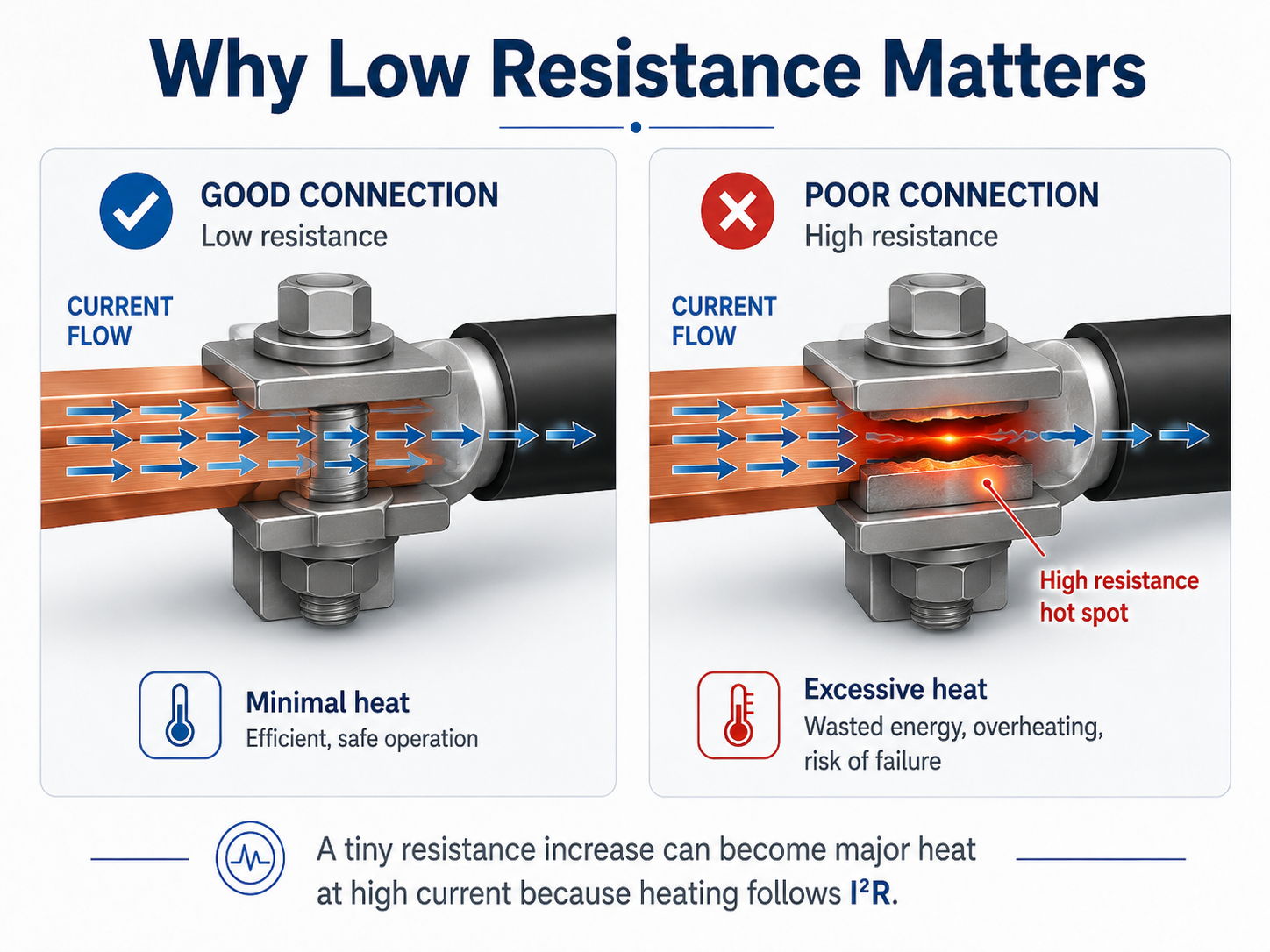 Comparison of a good low-resistance electrical connection and a poor high-resistance connection with a hot spot.